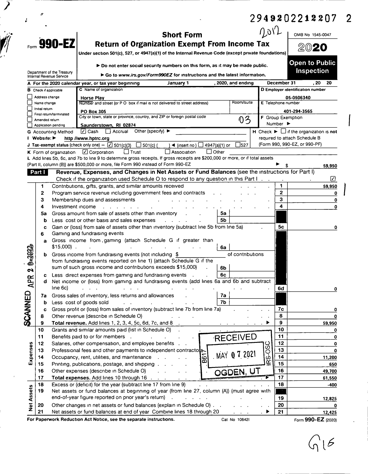 Image of first page of 2020 Form 990EZ for Horse Play