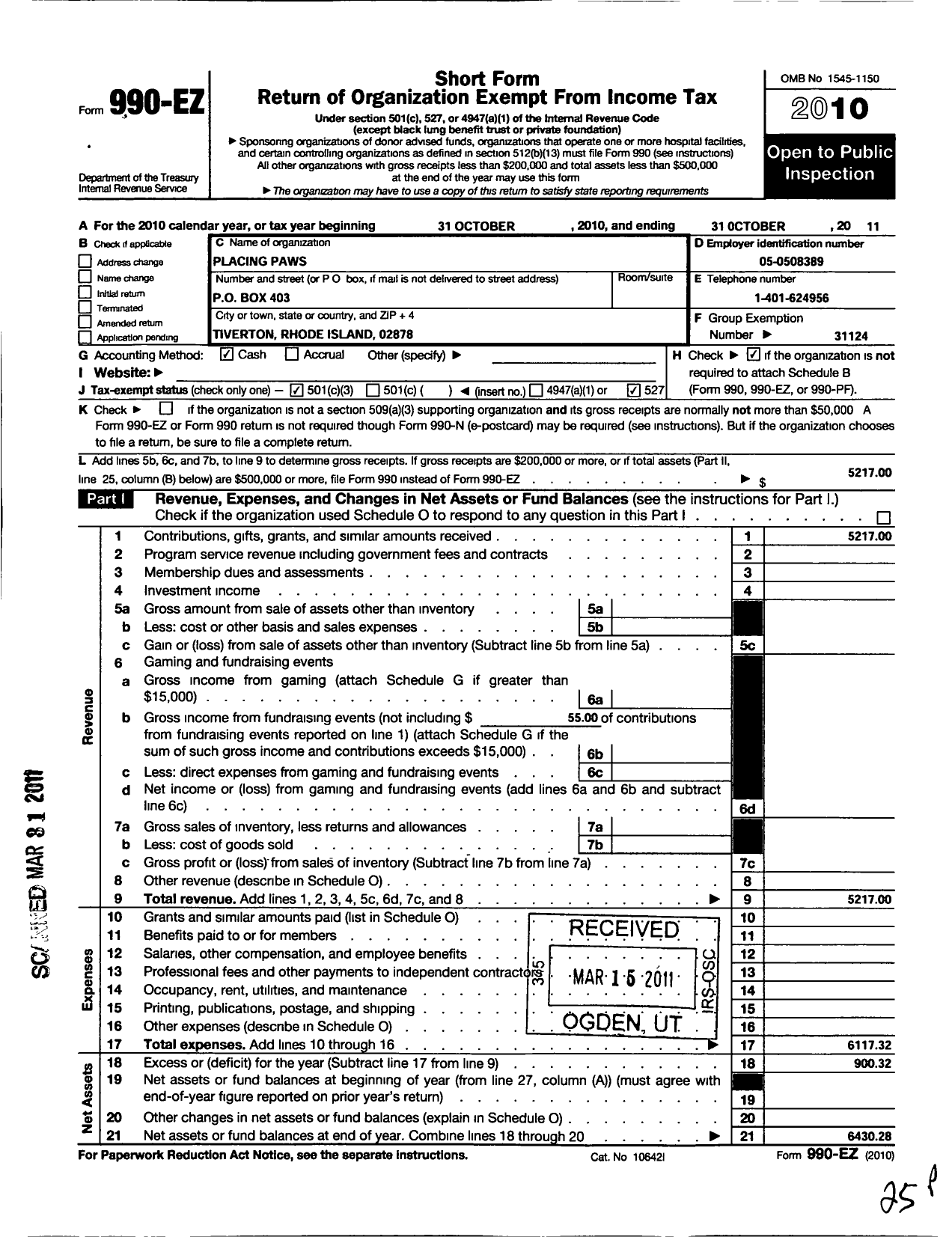 Image of first page of 2010 Form 990EZ for Placing Paws