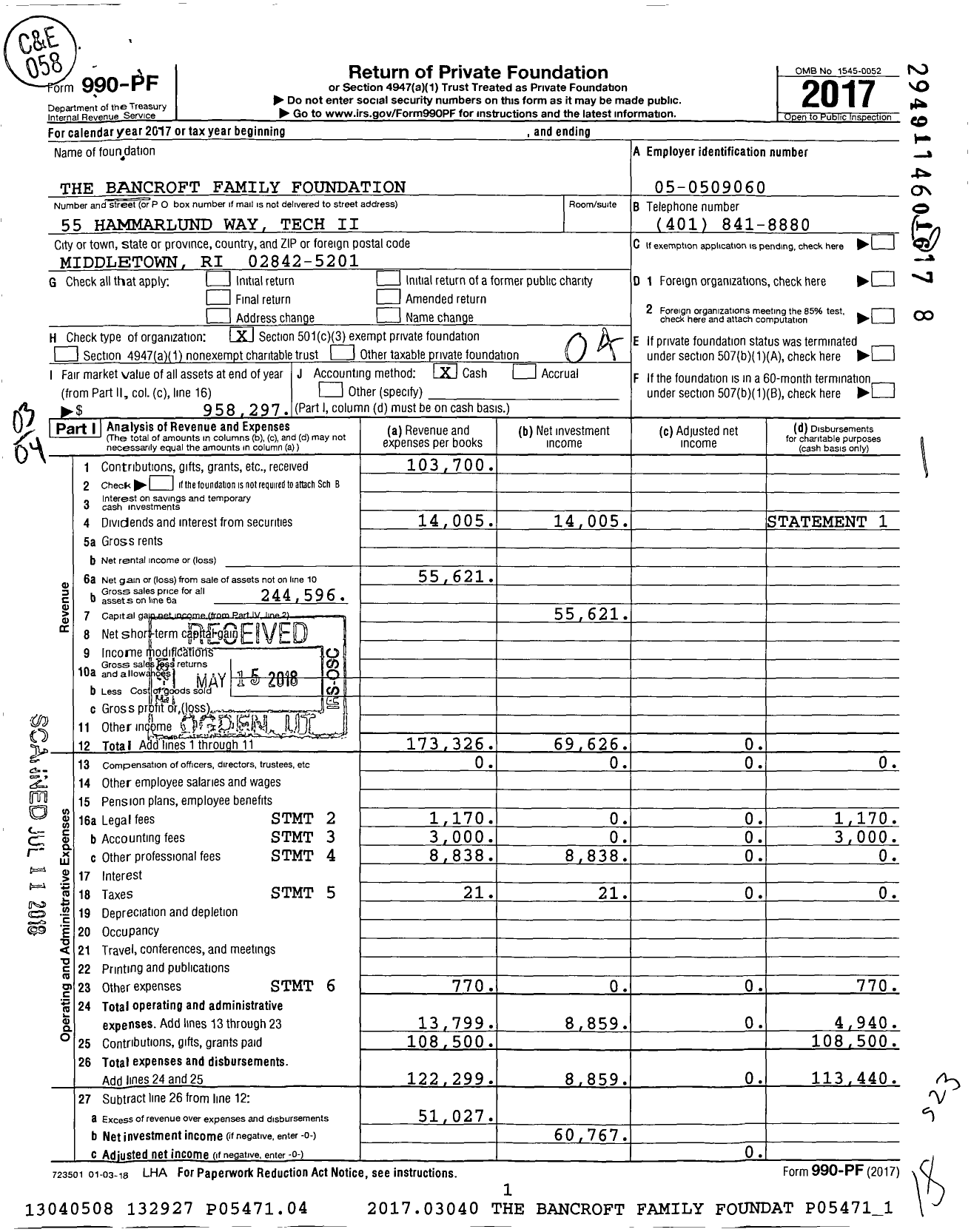 Image of first page of 2017 Form 990PF for The Bancroft Family Foundation