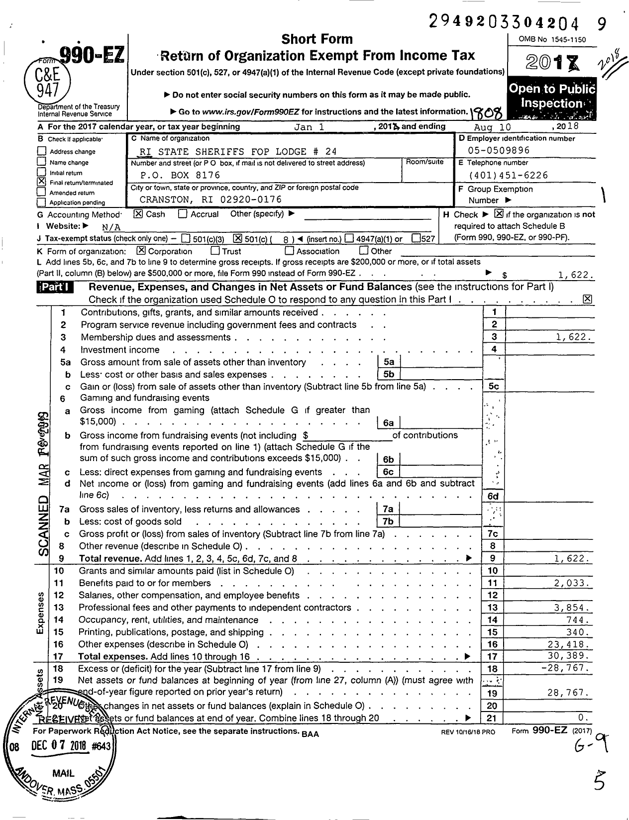 Image of first page of 2017 Form 990EO for Fraternal Order of Police - 24 Ri State Sheriffs Lodge