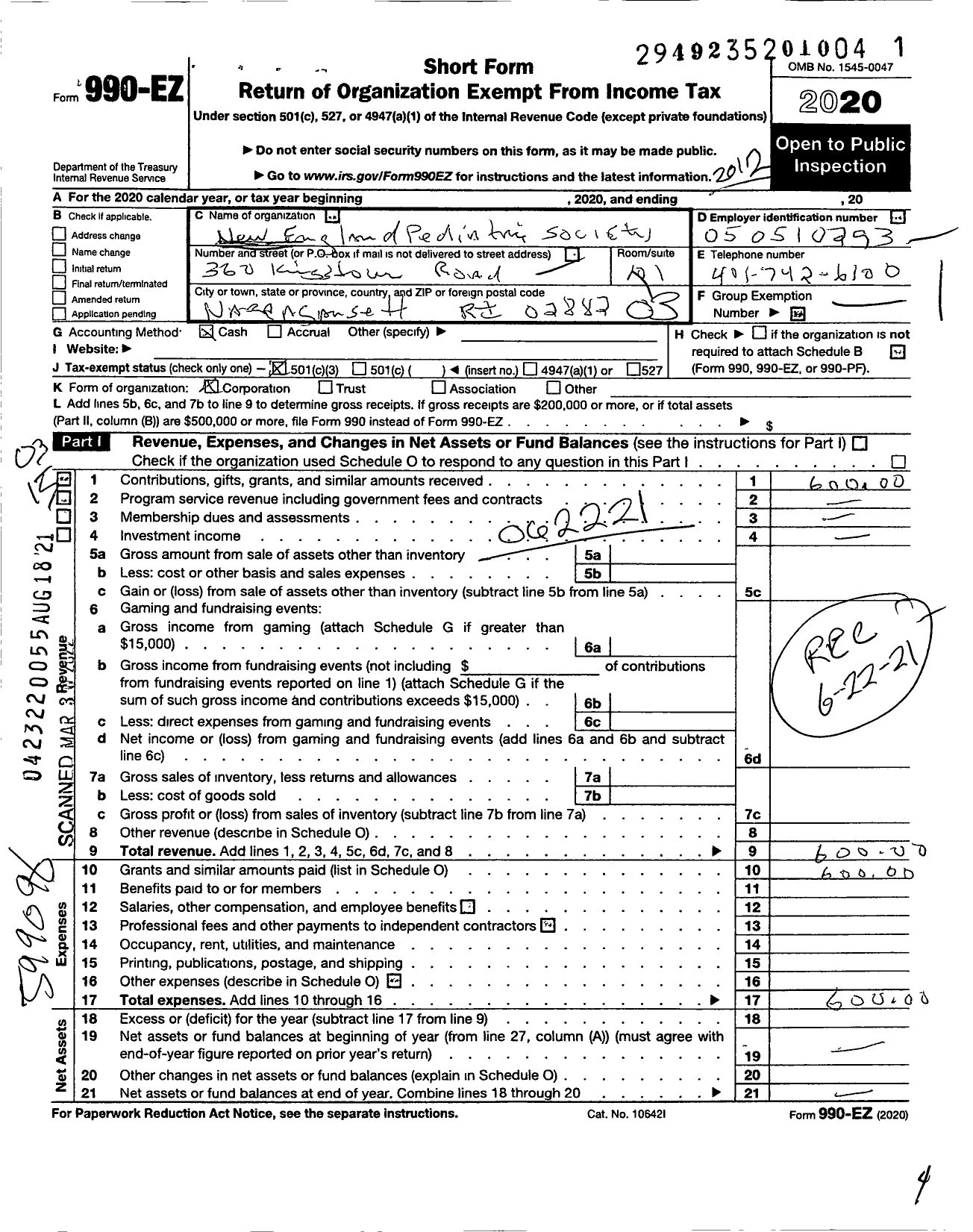Image of first page of 2020 Form 990EZ for New England Pediatric Society