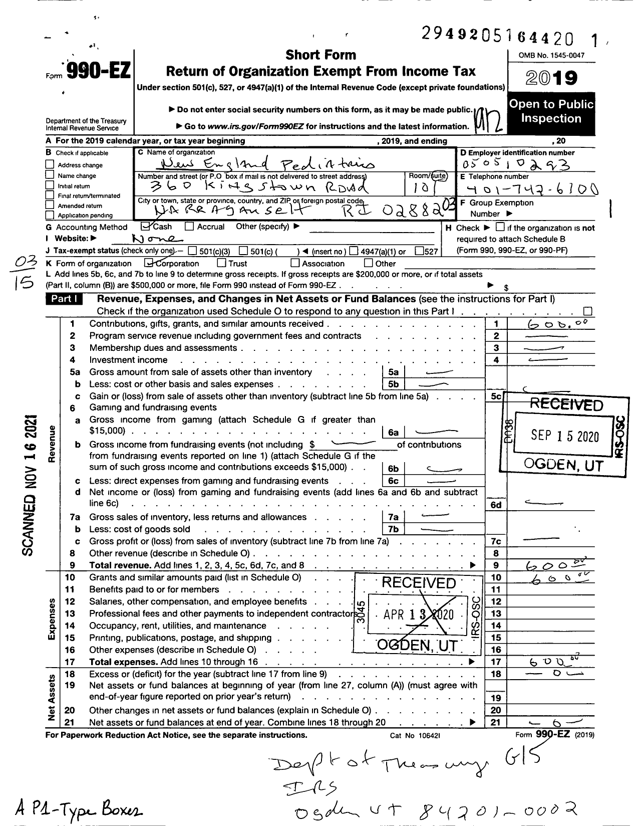 Image of first page of 2019 Form 990EZ for New England Pediatric Society
