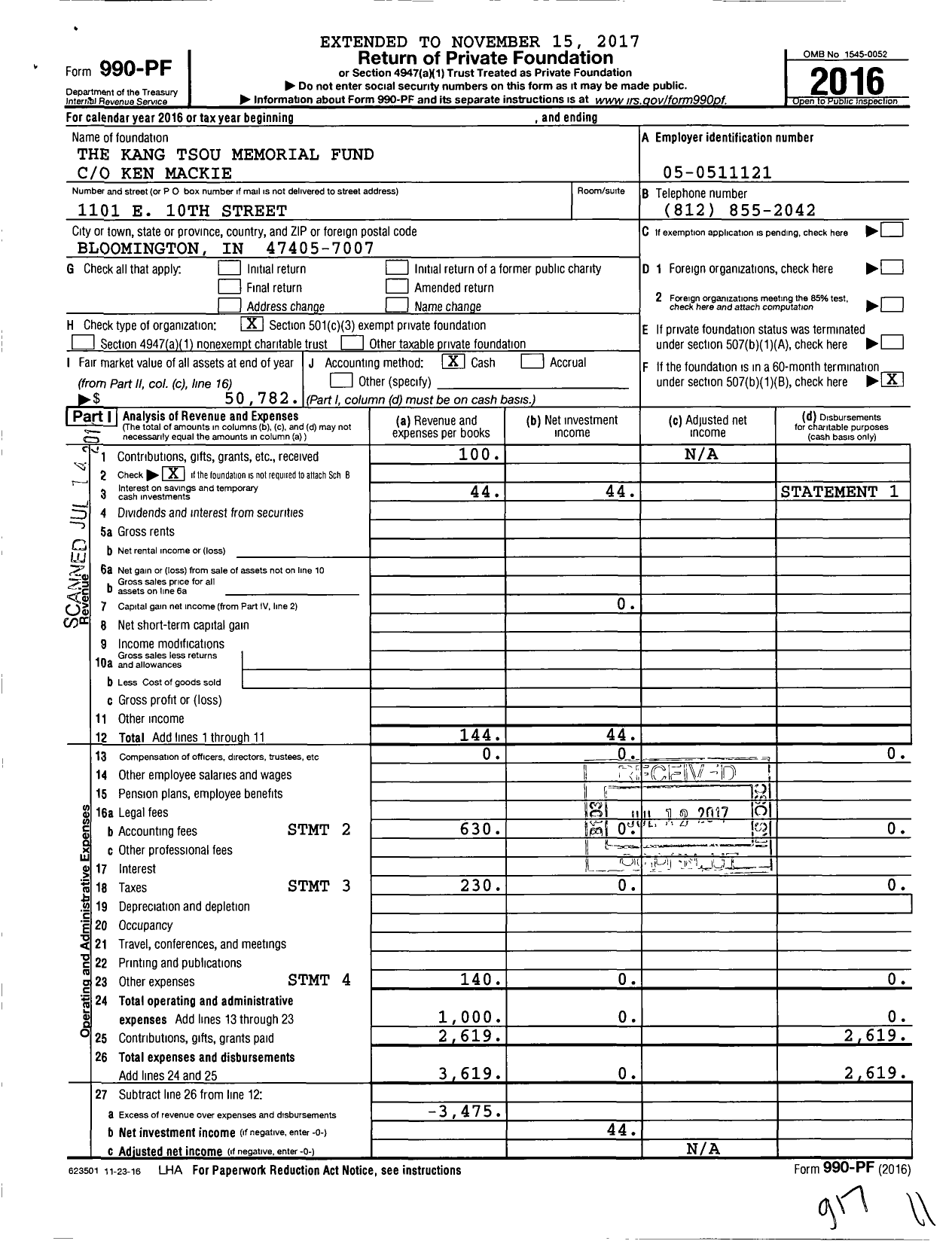 Image of first page of 2016 Form 990PF for Kang Tsou Memorial Fund