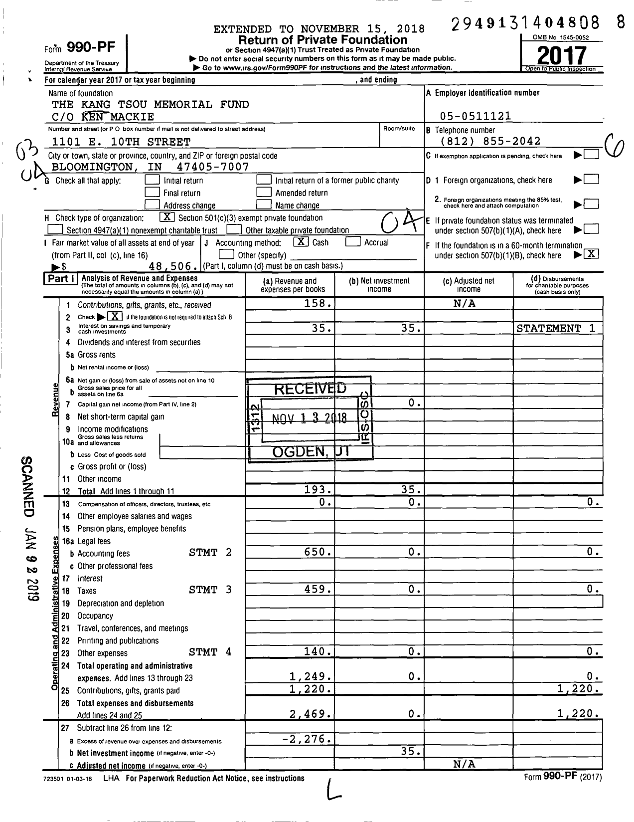 Image of first page of 2017 Form 990PF for Kang Tsou Memorial Fund