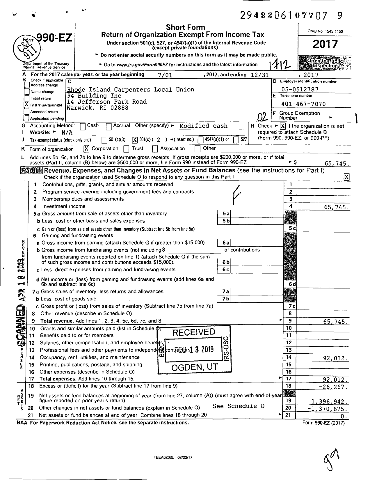 Image of first page of 2017 Form 990EO for Rhode Island Carpenters Local Union 94 Building