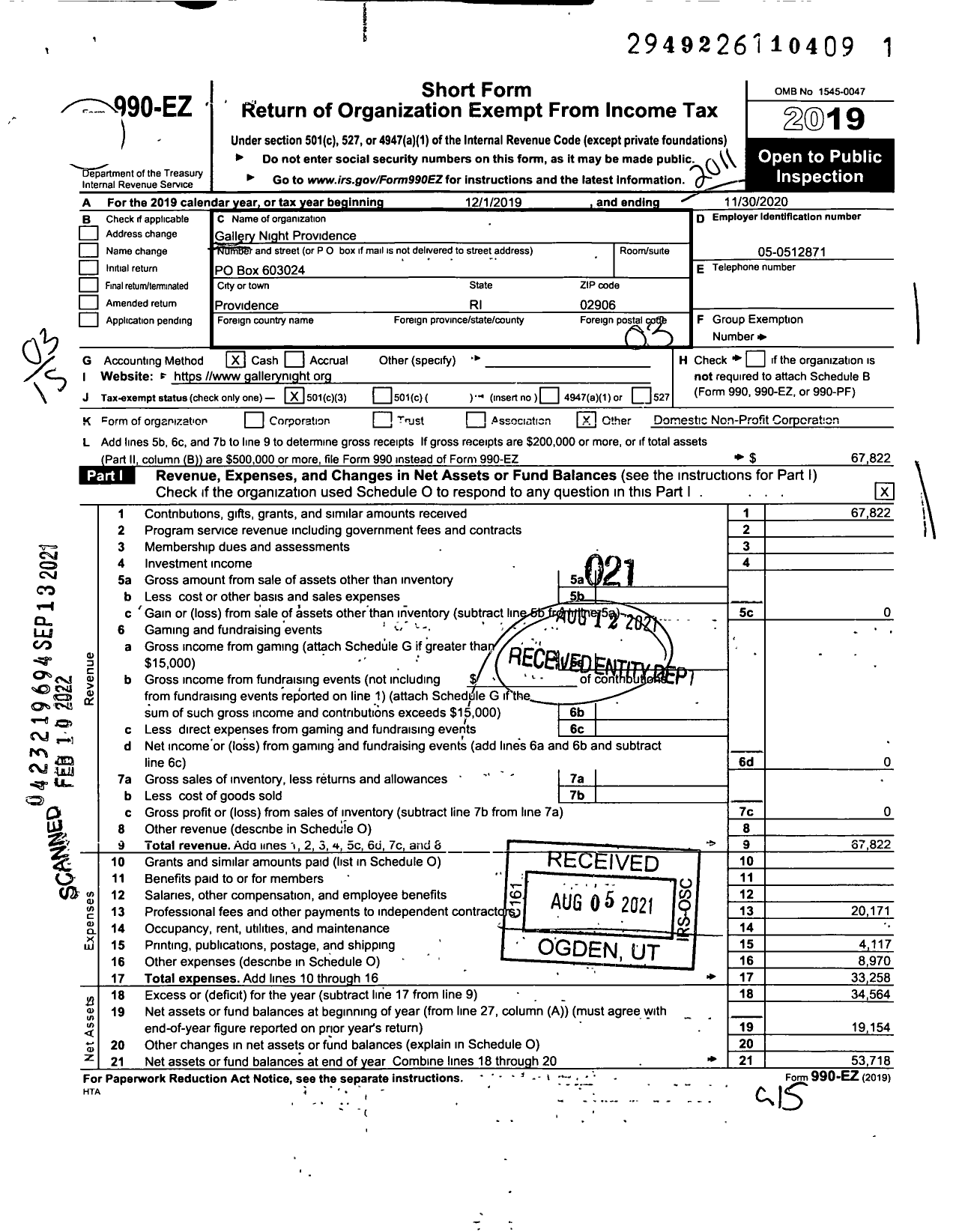 Image of first page of 2019 Form 990EZ for Gallery Night Providence