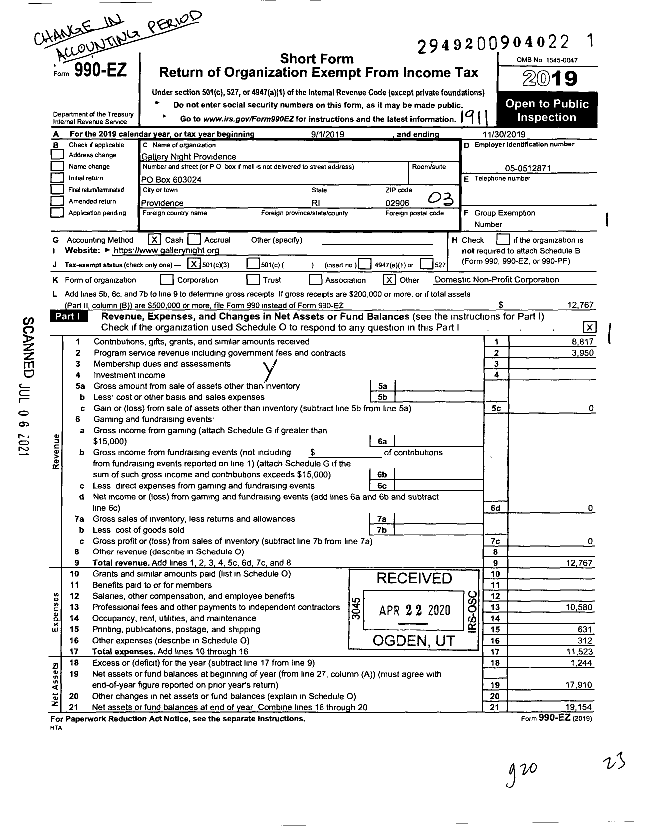 Image of first page of 2018 Form 990EZ for Gallery Night Providence