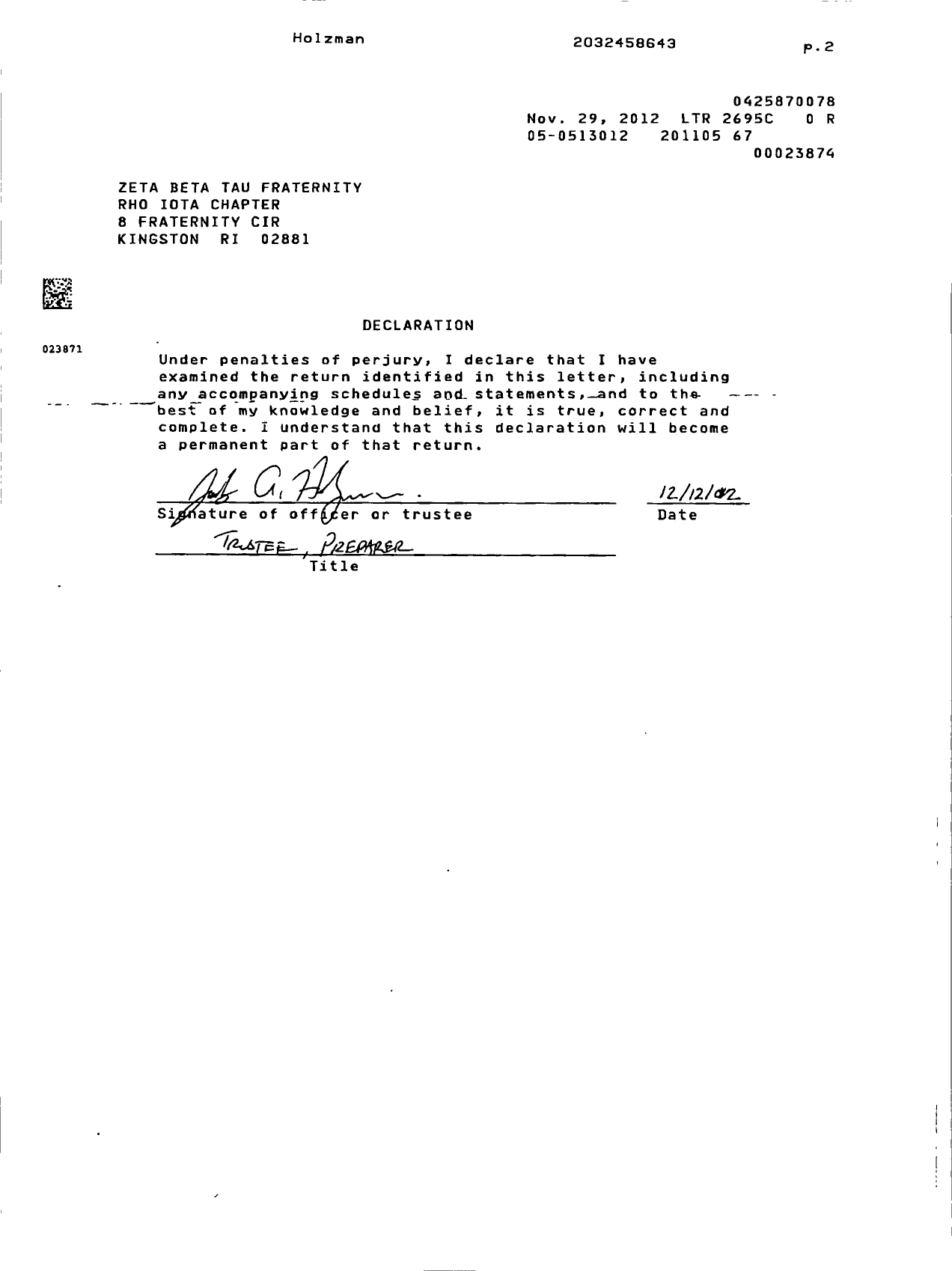Image of first page of 2010 Form 990EOR for Zeta Beta Tau Fraternity / Rho Iota Chapter