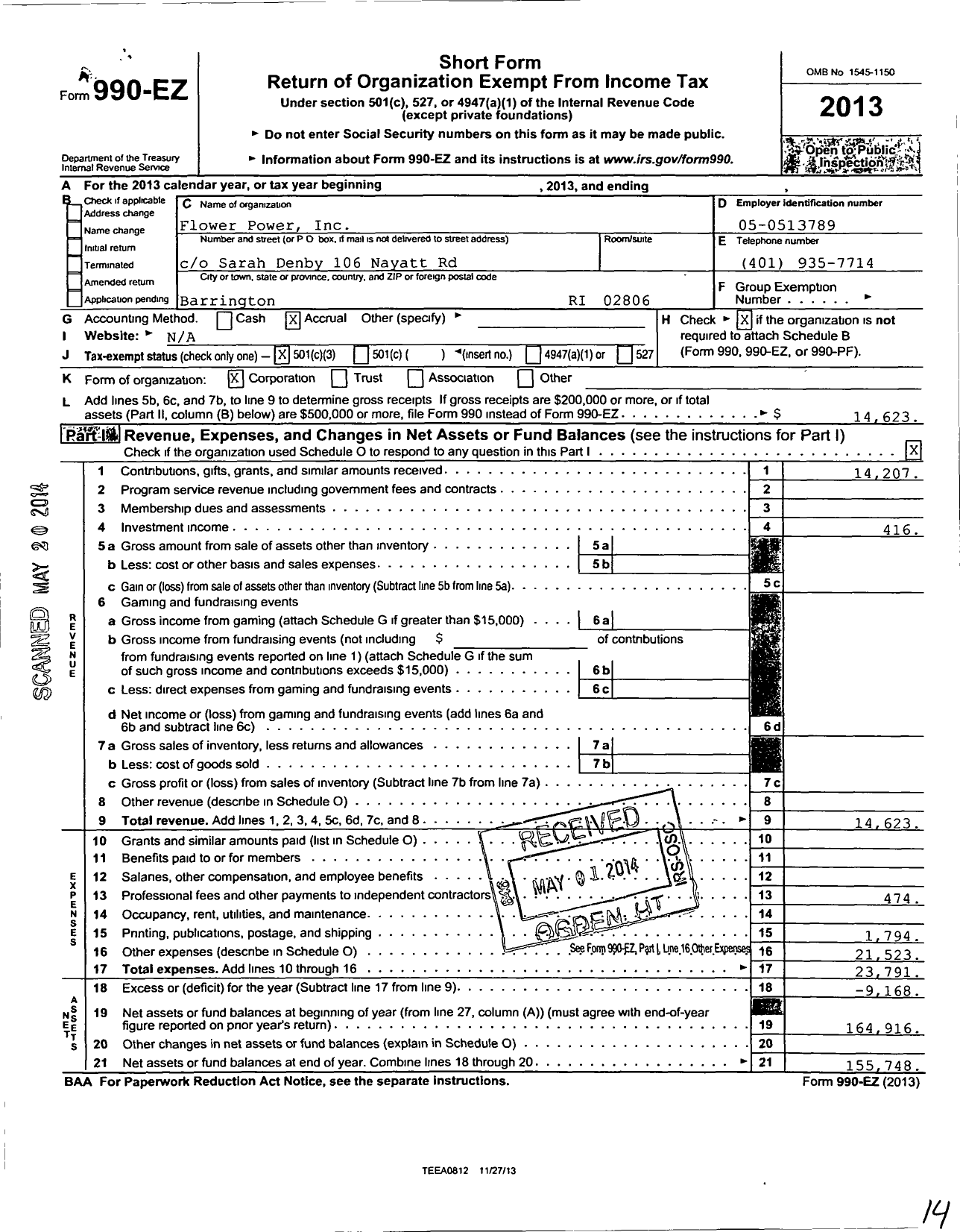 Image of first page of 2013 Form 990EZ for Flower Power