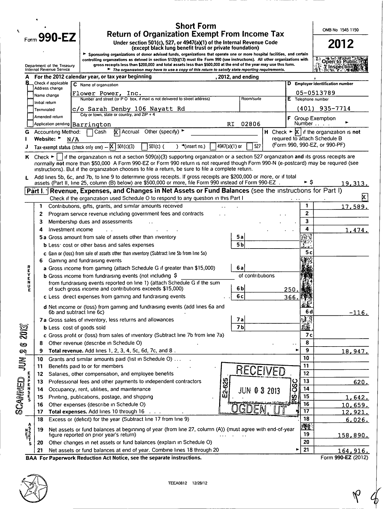 Image of first page of 2012 Form 990EZ for Flower Power