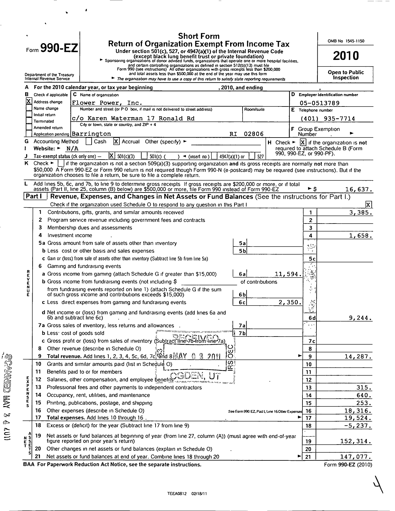 Image of first page of 2010 Form 990EZ for Flower Power