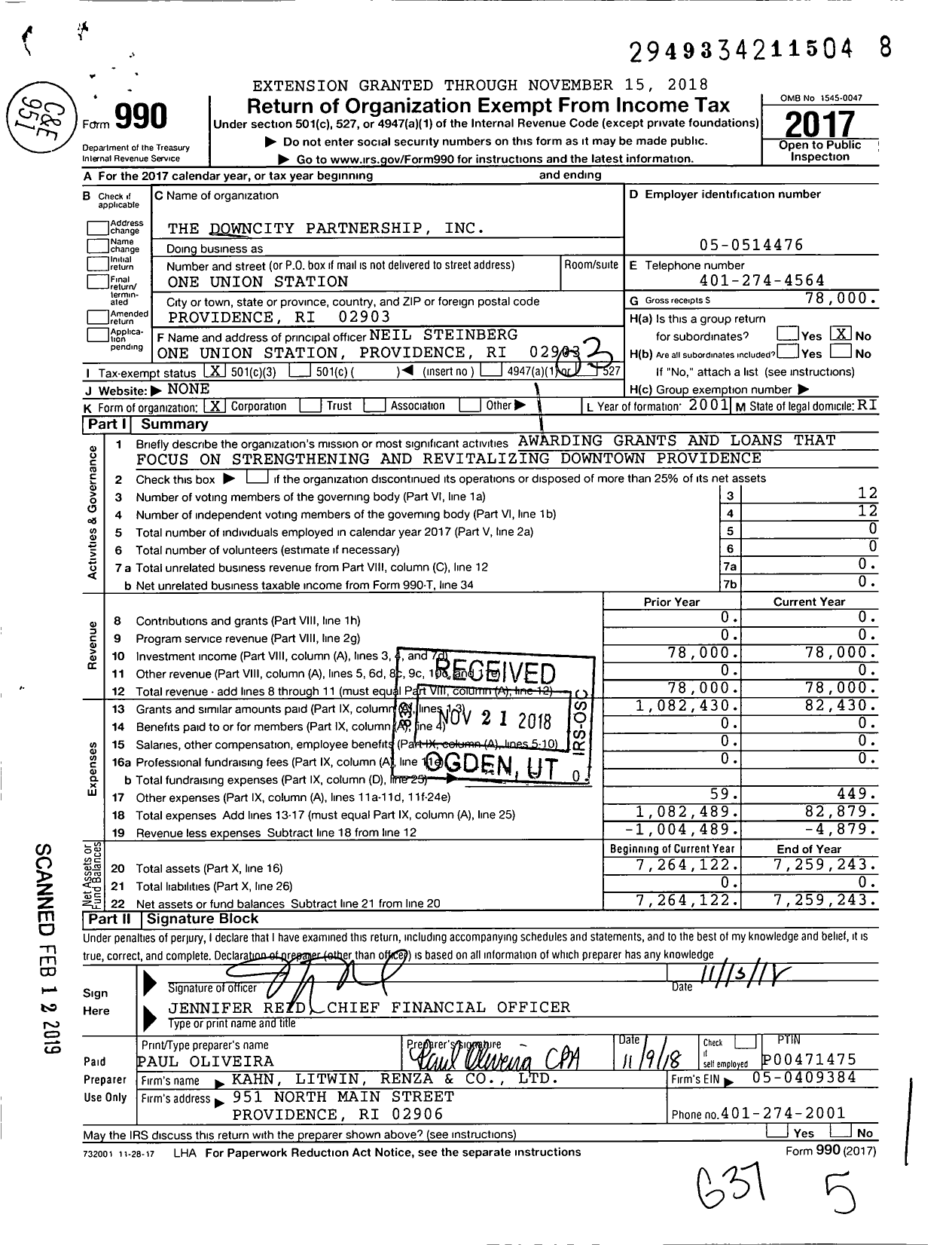 Image of first page of 2017 Form 990 for The Downcity Partnership