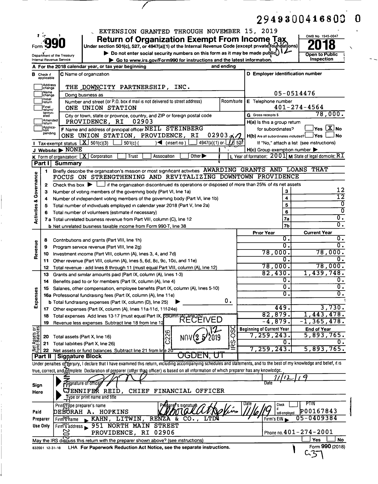 Image of first page of 2018 Form 990 for The Downcity Partnership