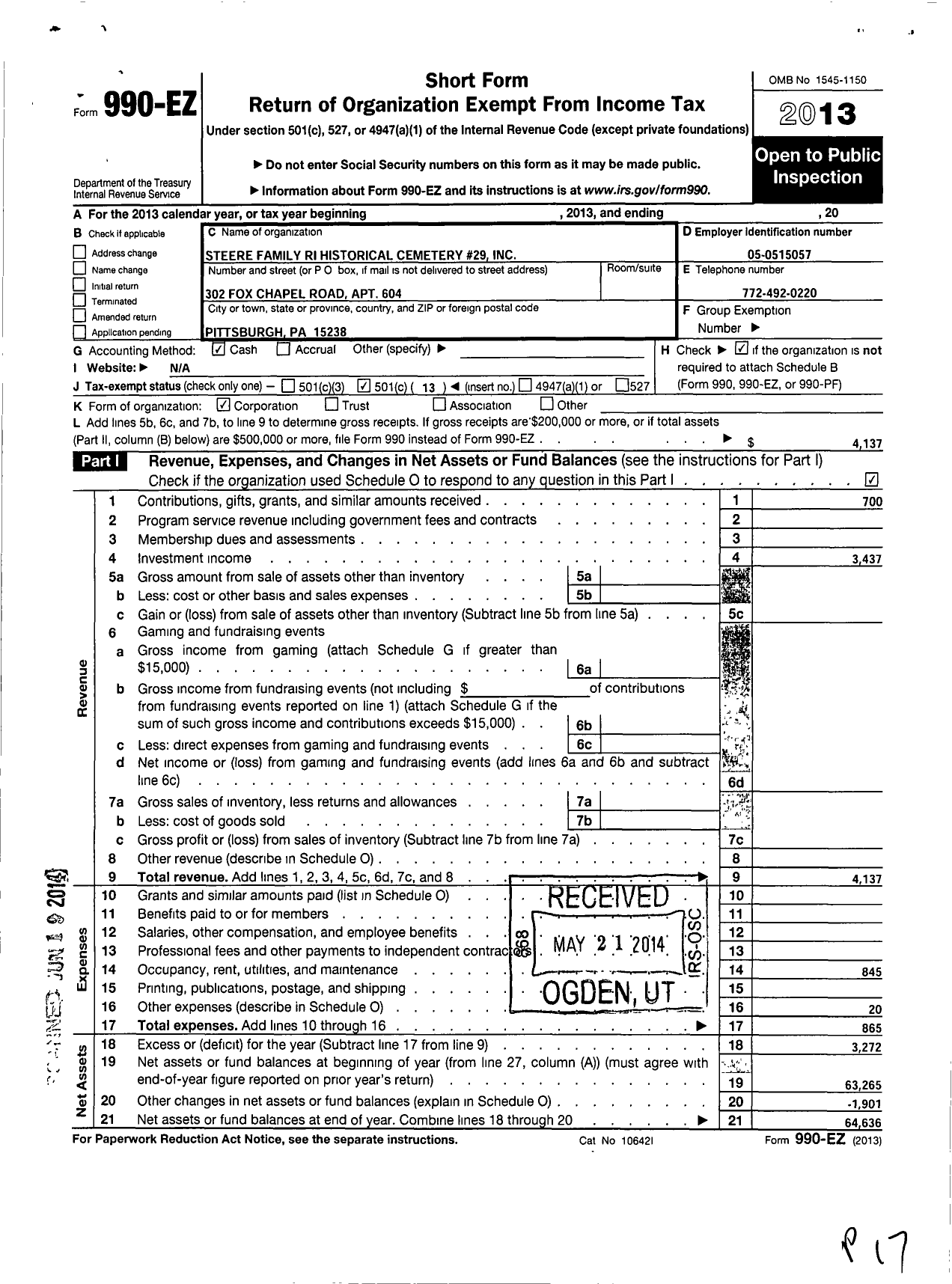 Image of first page of 2013 Form 990EO for Steere Family Ri Historical Cemetery No 29