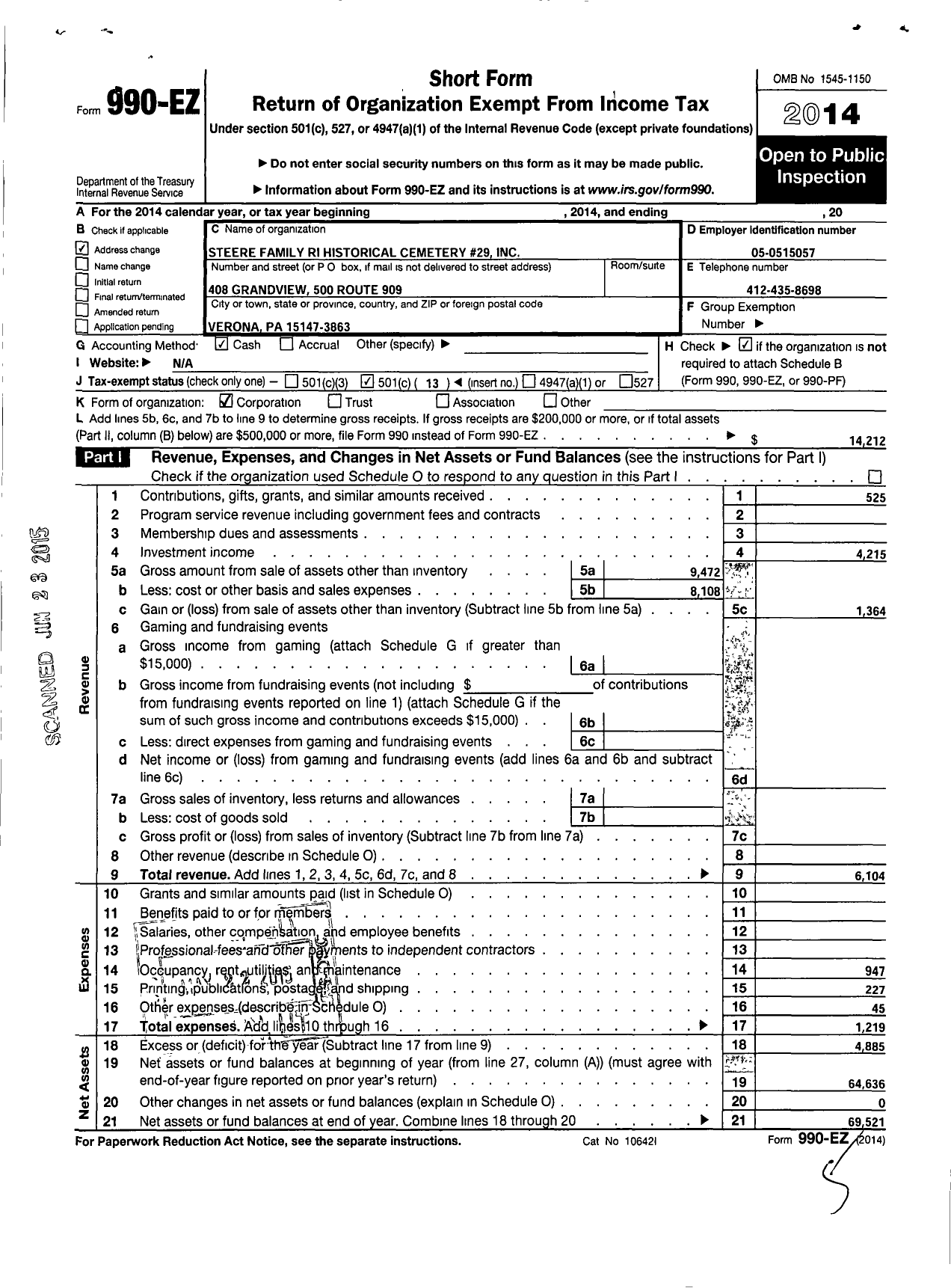 Image of first page of 2014 Form 990EO for Steere Family Ri Historical Cemetery No 29