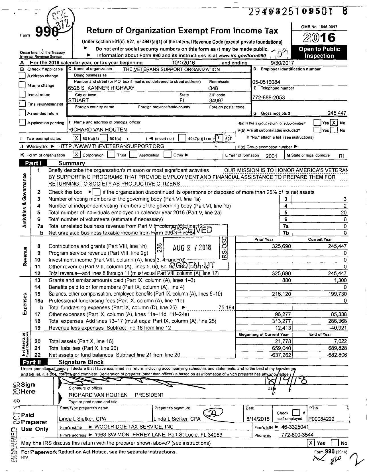 Image of first page of 2016 Form 990 for The Veterans Support Organization