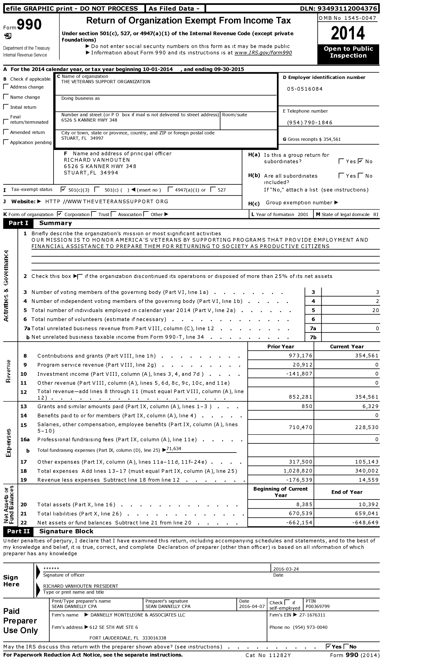 Image of first page of 2014 Form 990 for The Veterans Support Organization