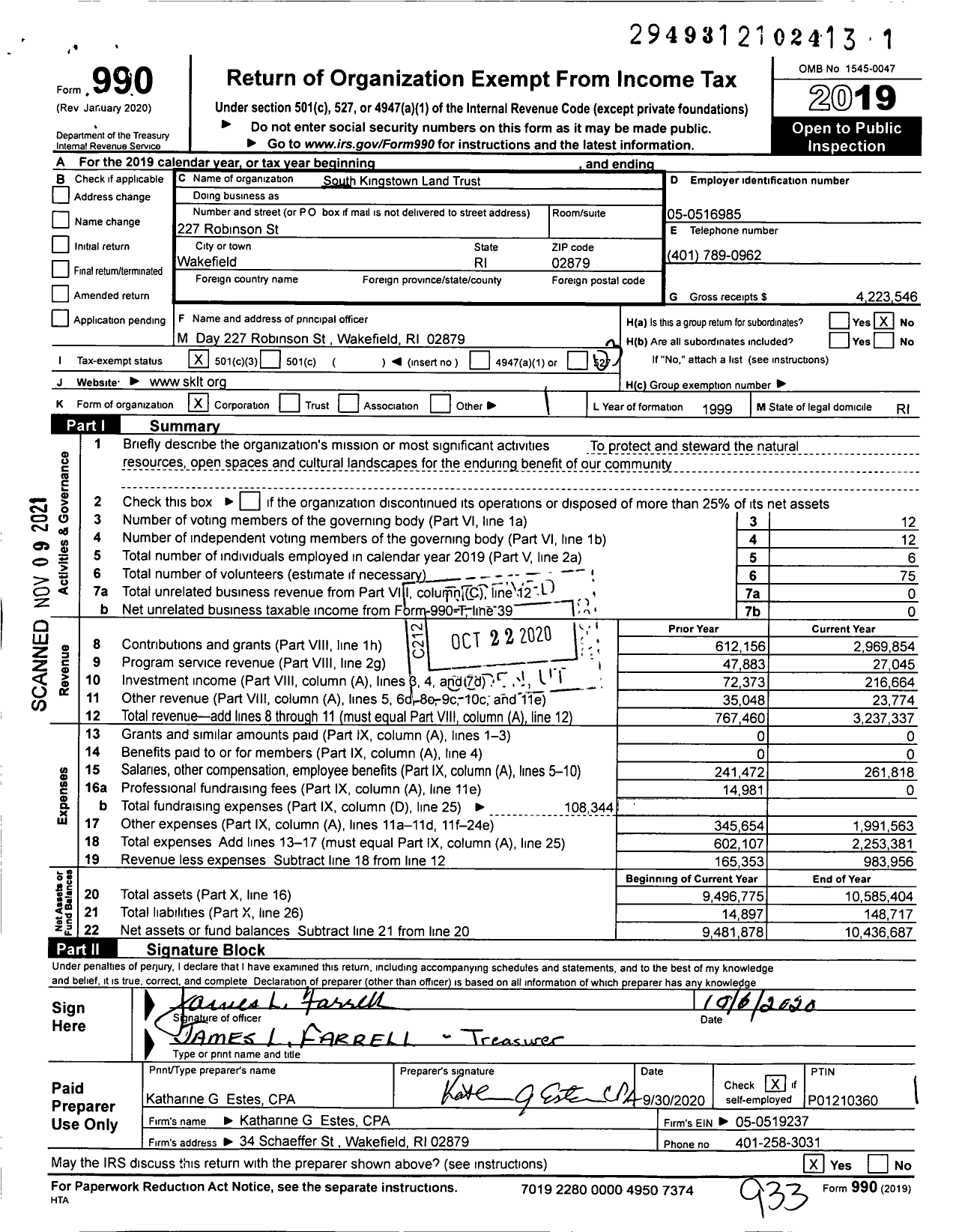 Image of first page of 2019 Form 990 for South Kingstown Land Trust