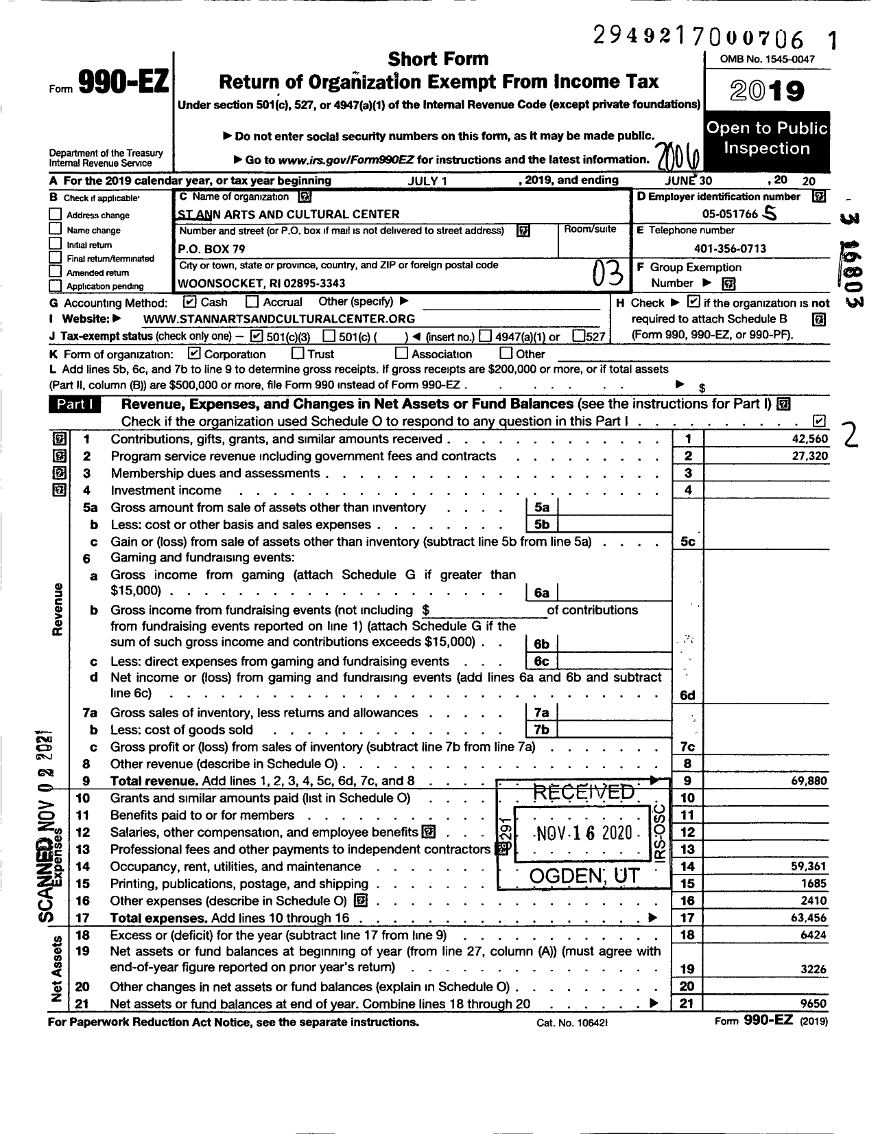 Image of first page of 2019 Form 990EZ for St Ann Arts and Cultural Center