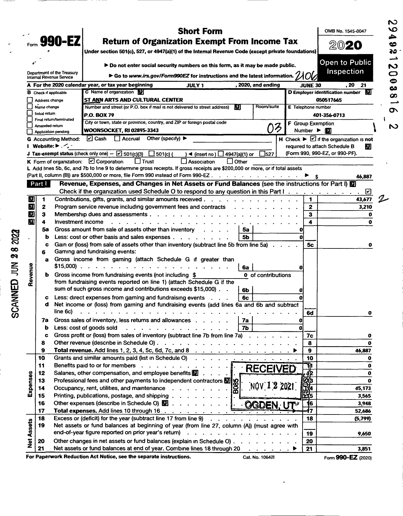 Image of first page of 2020 Form 990EZ for St Ann Arts and Cultural Center