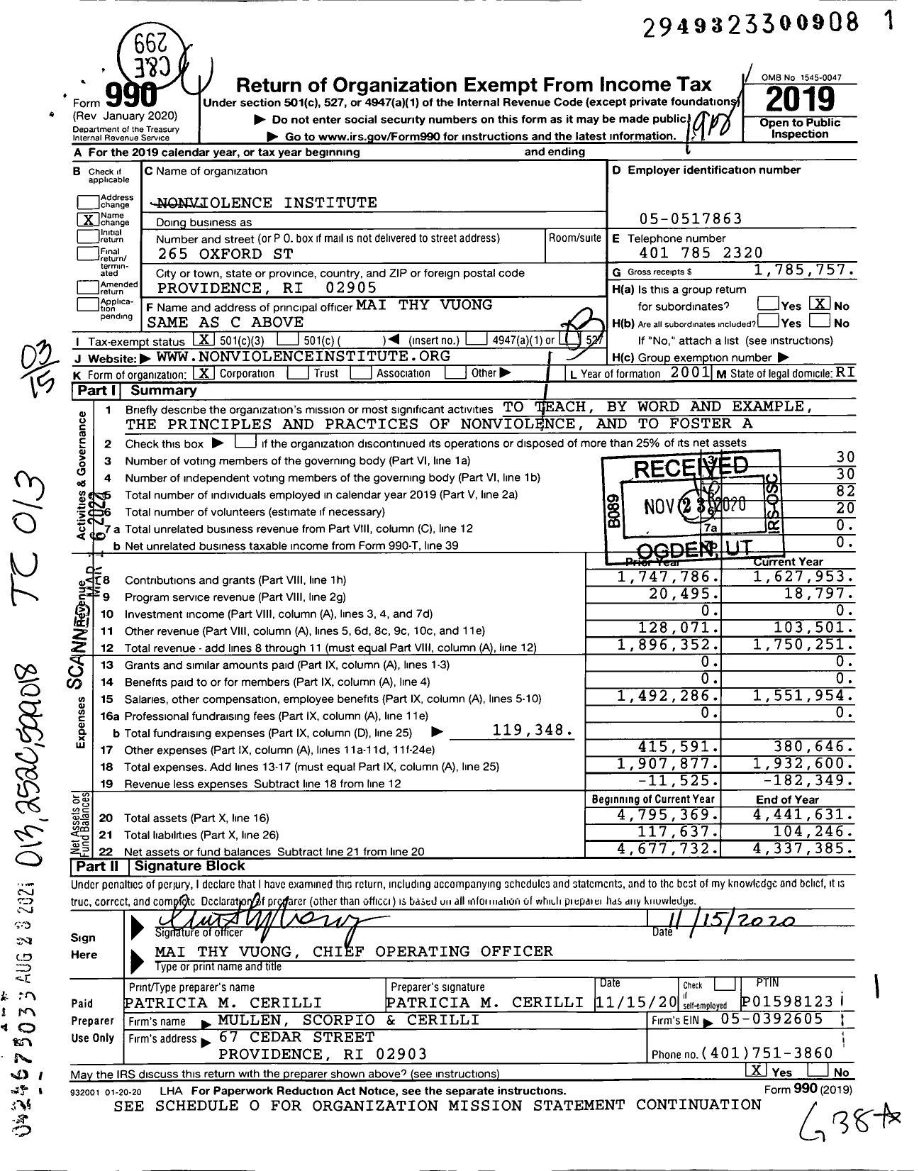 Image of first page of 2019 Form 990 for Nonviolence Institute