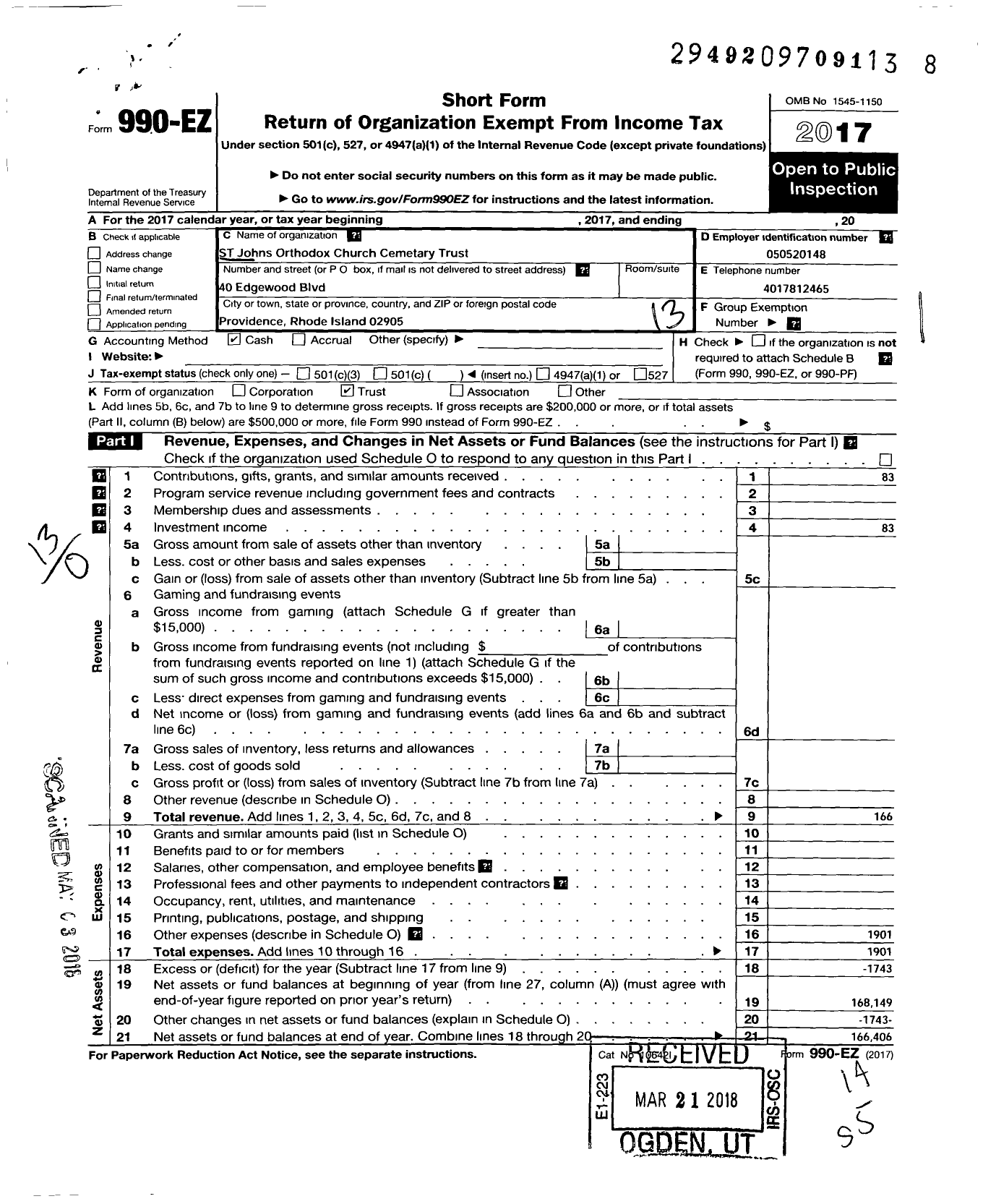 Image of first page of 2017 Form 990EO for St John's Orthodox Church Cemetery Trust