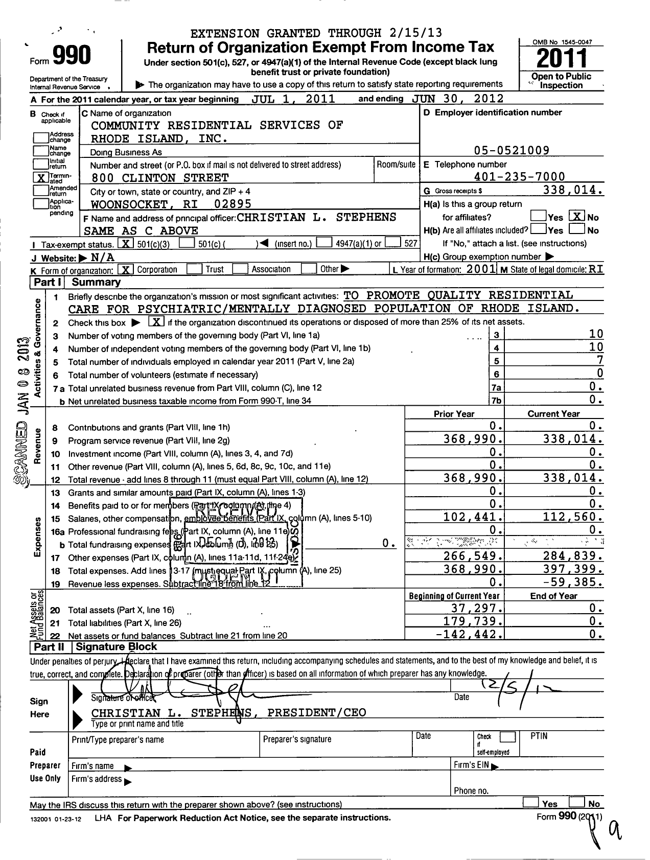 Image of first page of 2011 Form 990 for Community Residential Services of Rhode Island