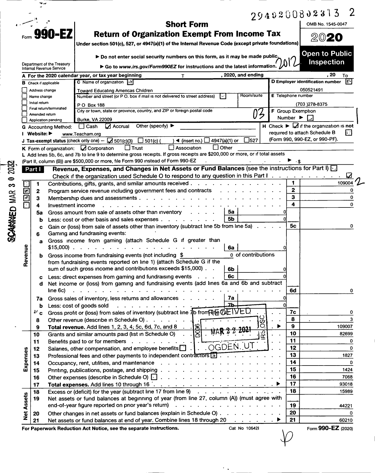 Image of first page of 2020 Form 990EZ for Toward Educating Americas Children