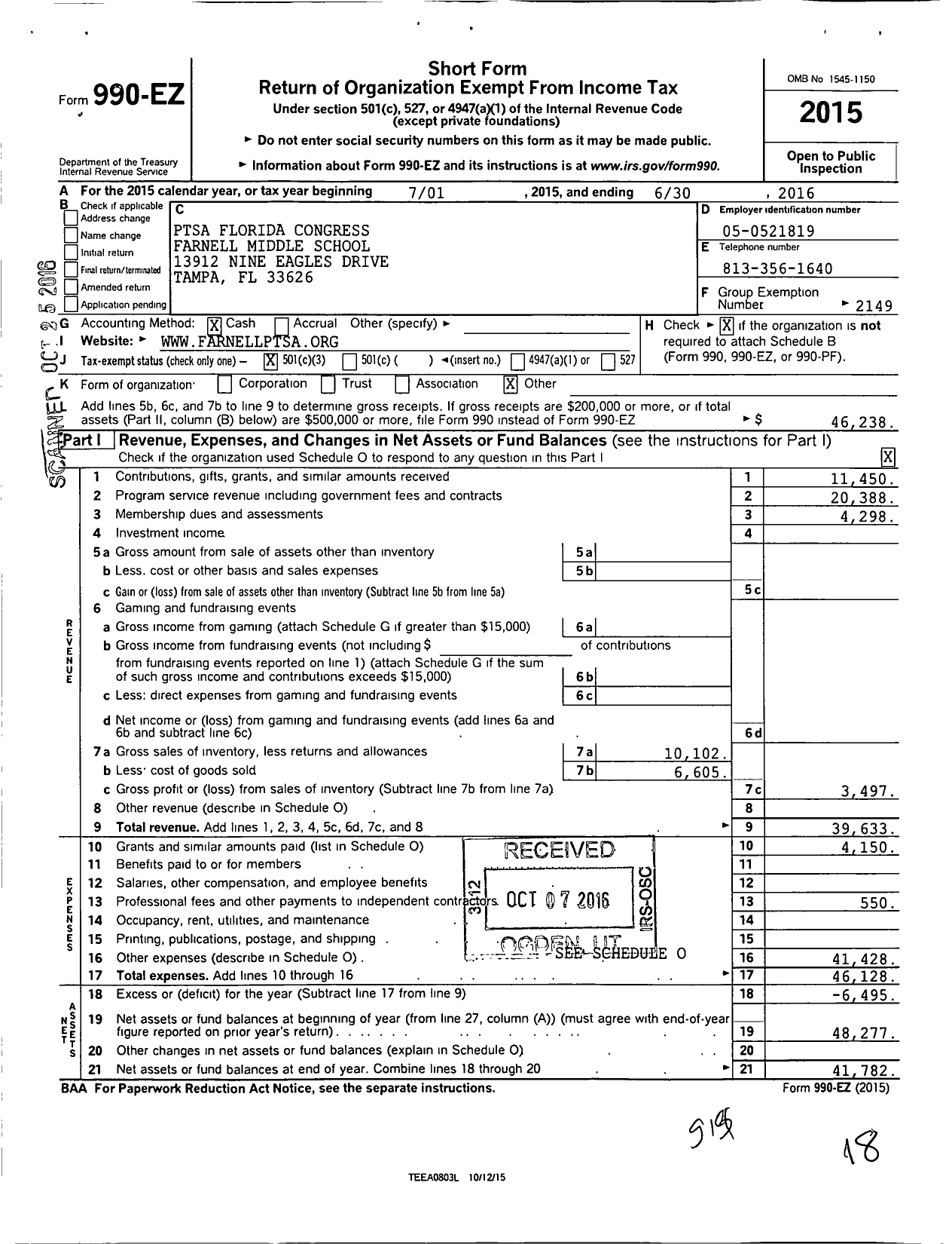 Image of first page of 2015 Form 990EZ for PTA FLORIDA CONGRESS - FARNELL MIDDLE SCHOOL PTsA