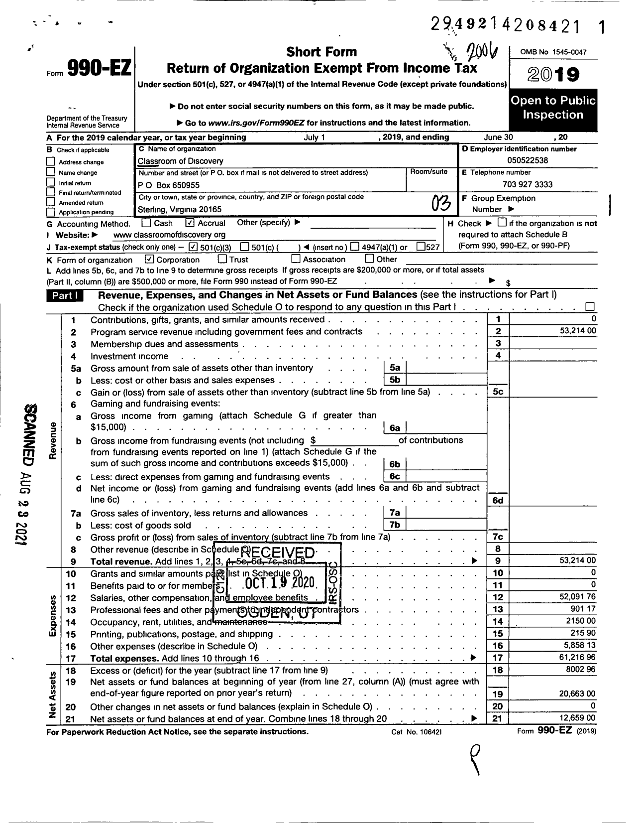 Image of first page of 2019 Form 990EZ for Classroom of Discovery