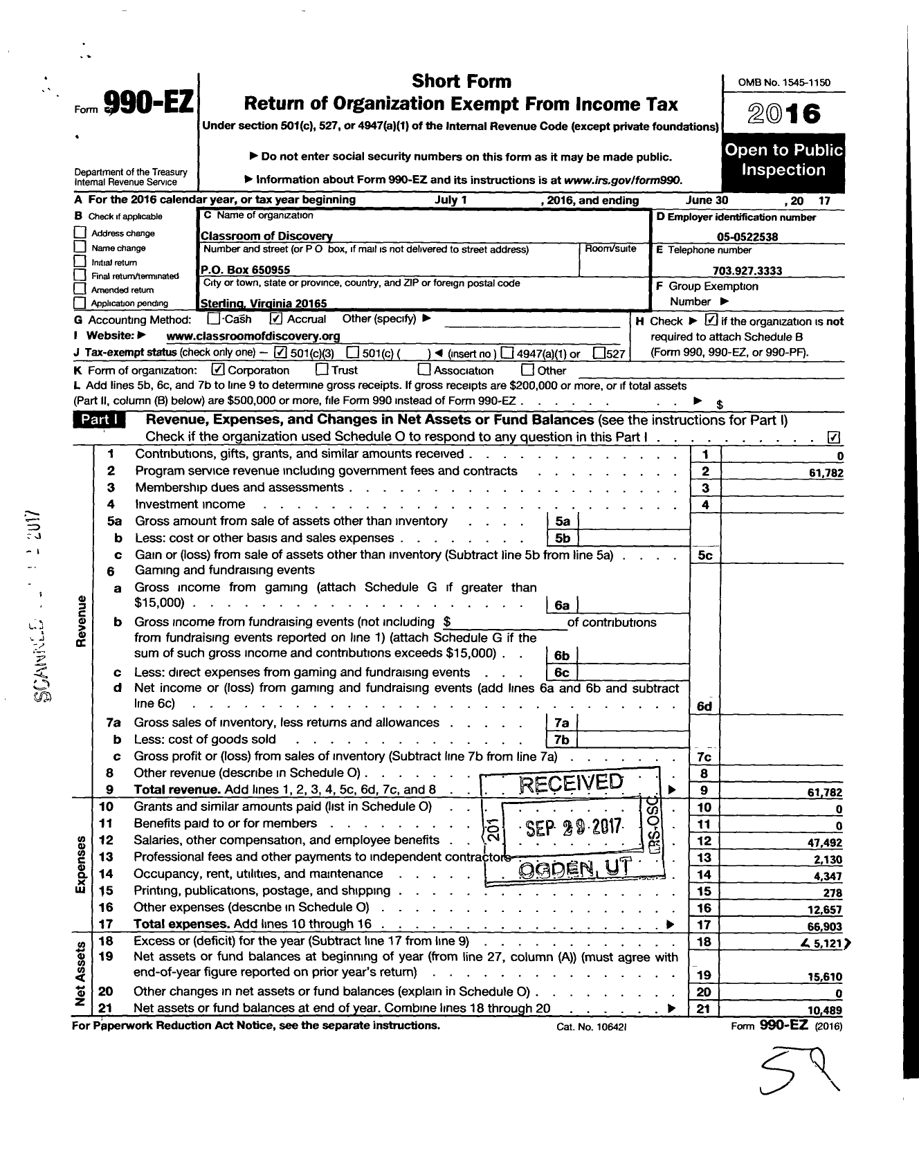 Image of first page of 2016 Form 990EZ for Classroom of Discovery