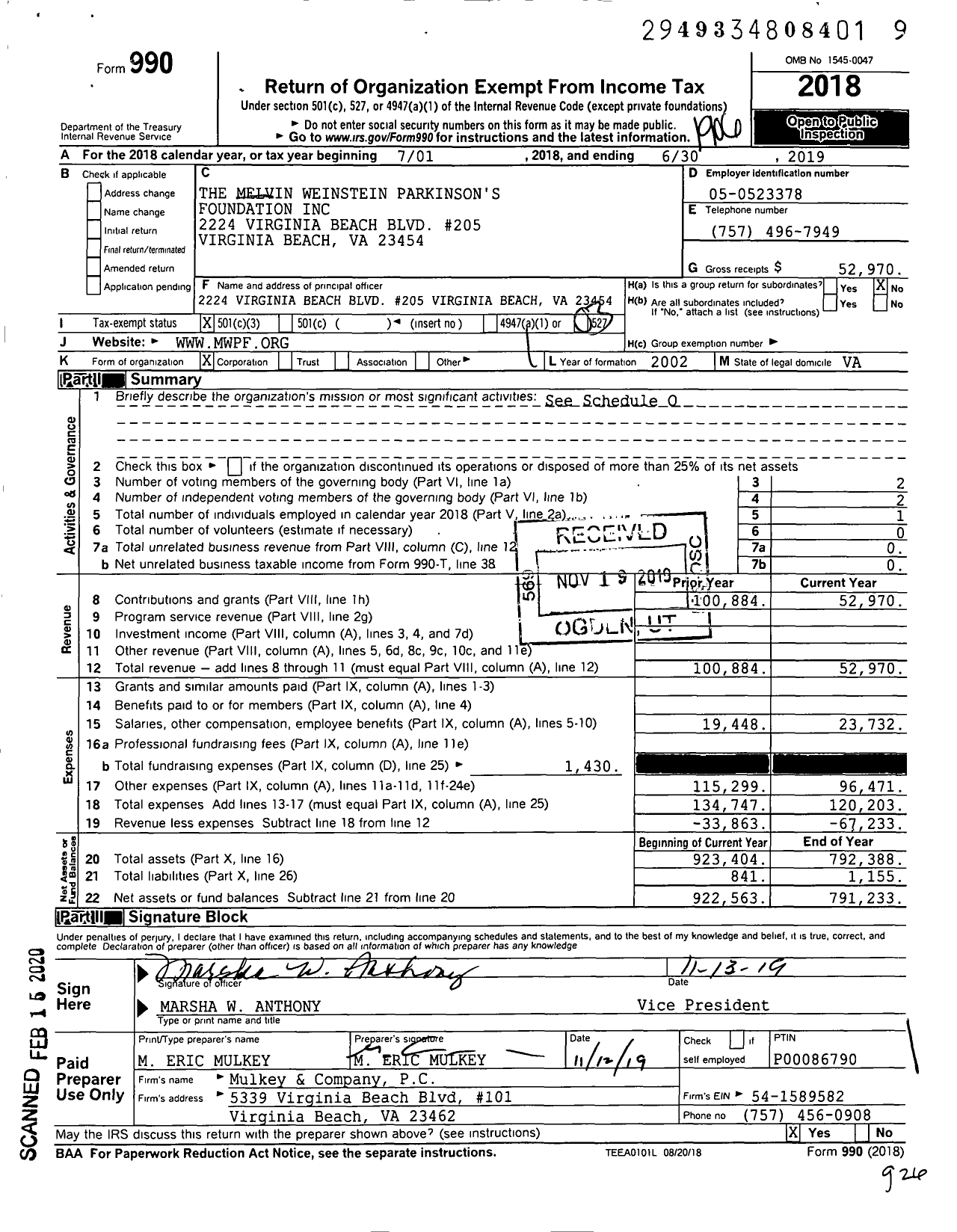 Image of first page of 2018 Form 990 for The Melvin Weinstein Parkinsons Foundation