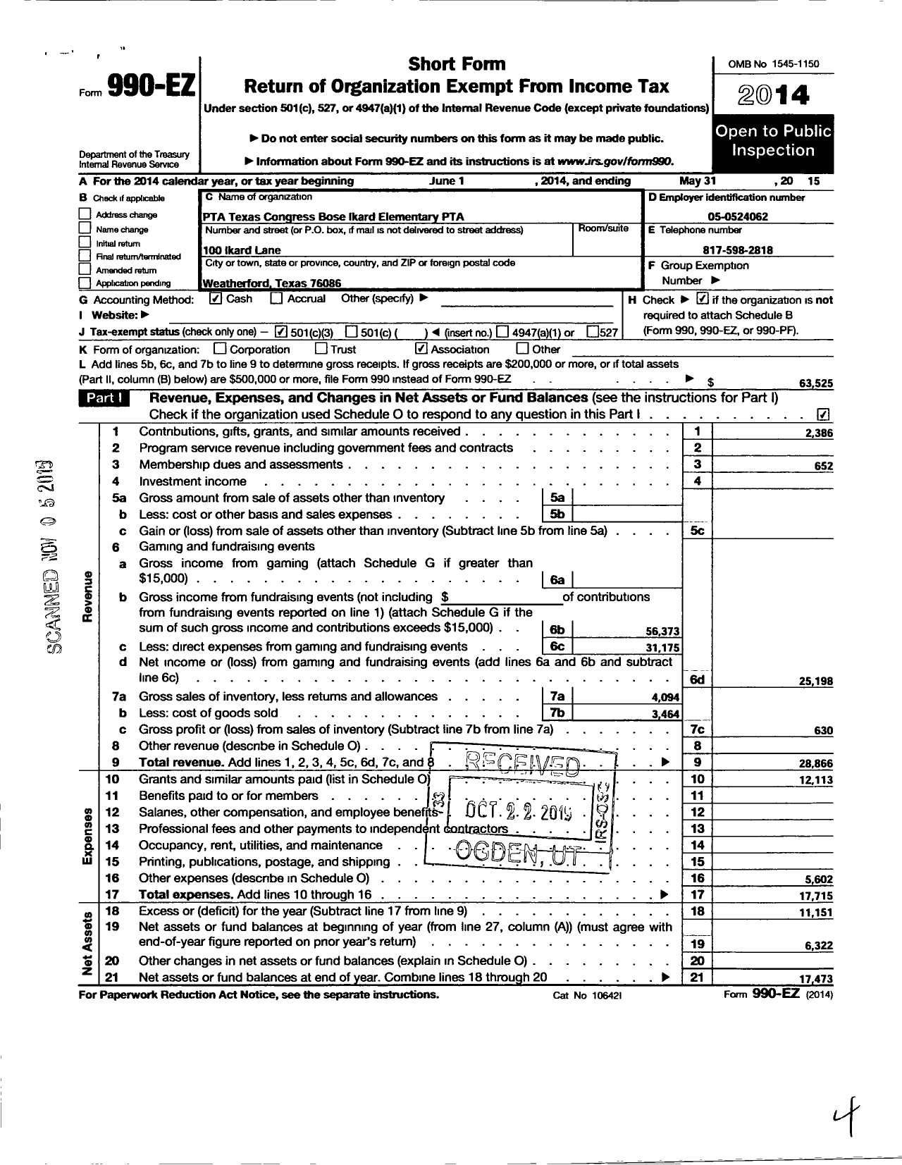 Image of first page of 2014 Form 990EZ for Texas PTA - 10281 Ikard Elementary