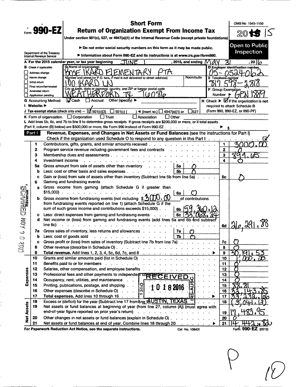 Image of first page of 2015 Form 990EZ for Texas PTA - 10281 Ikard Elementary