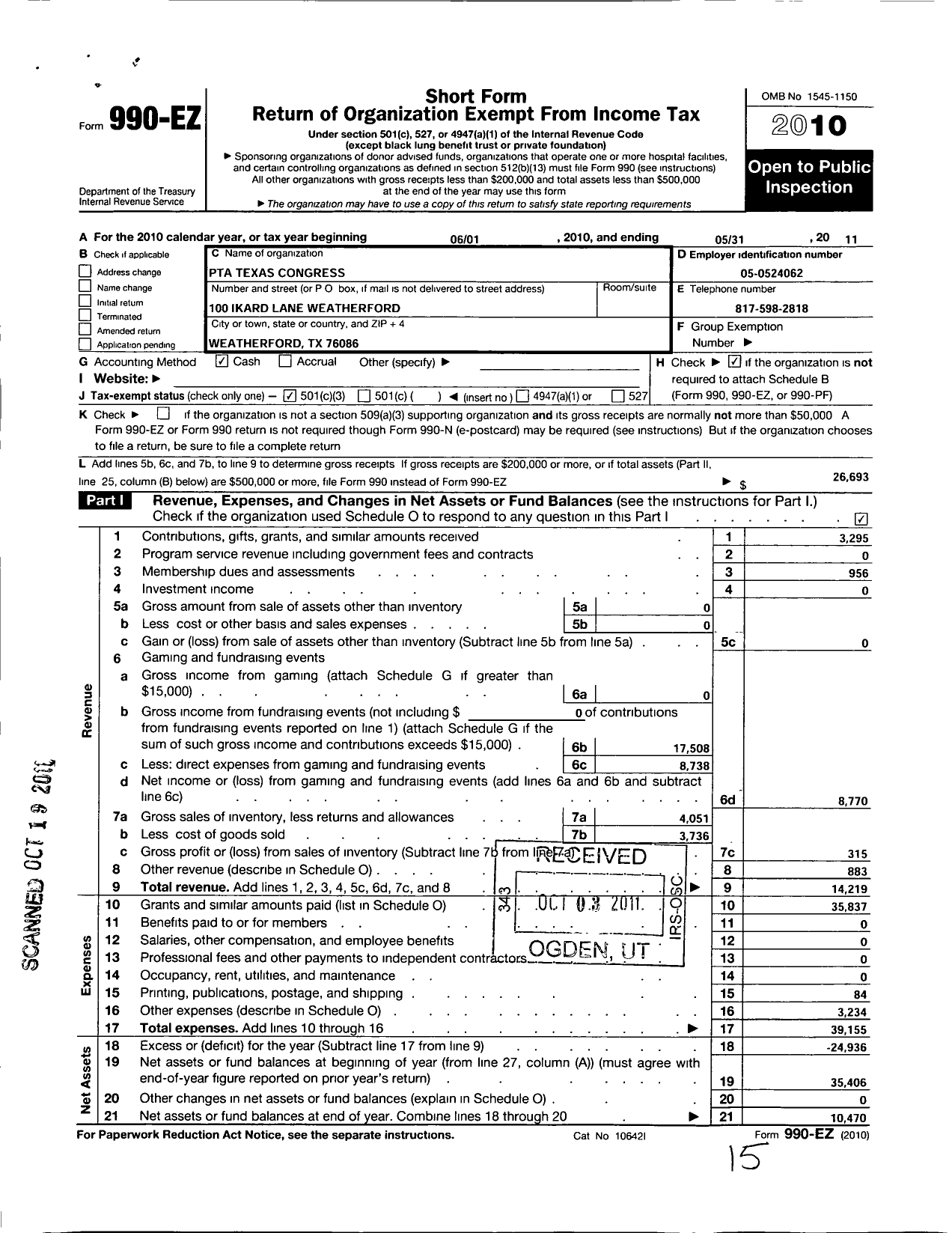 Image of first page of 2010 Form 990EZ for Texas PTA - 10281 Ikard Elementary