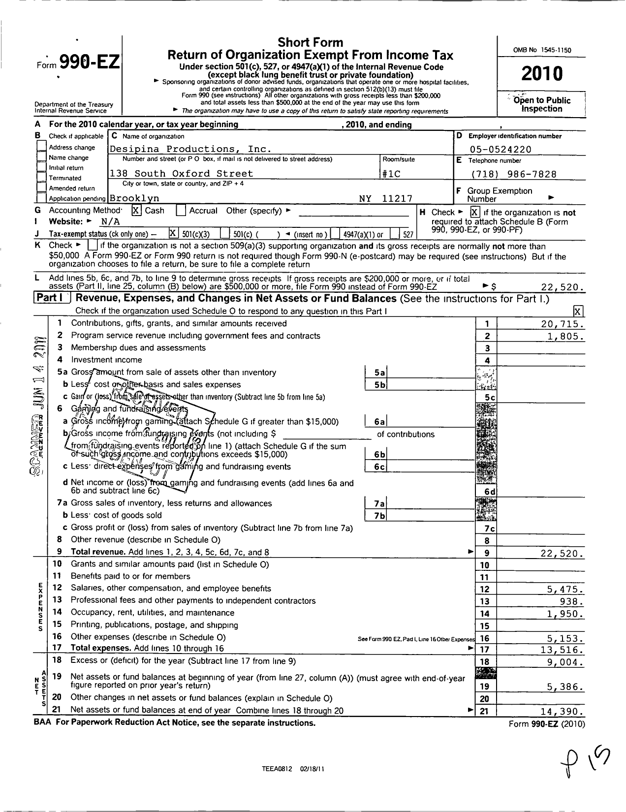 Image of first page of 2010 Form 990EZ for Despina Productionsinc