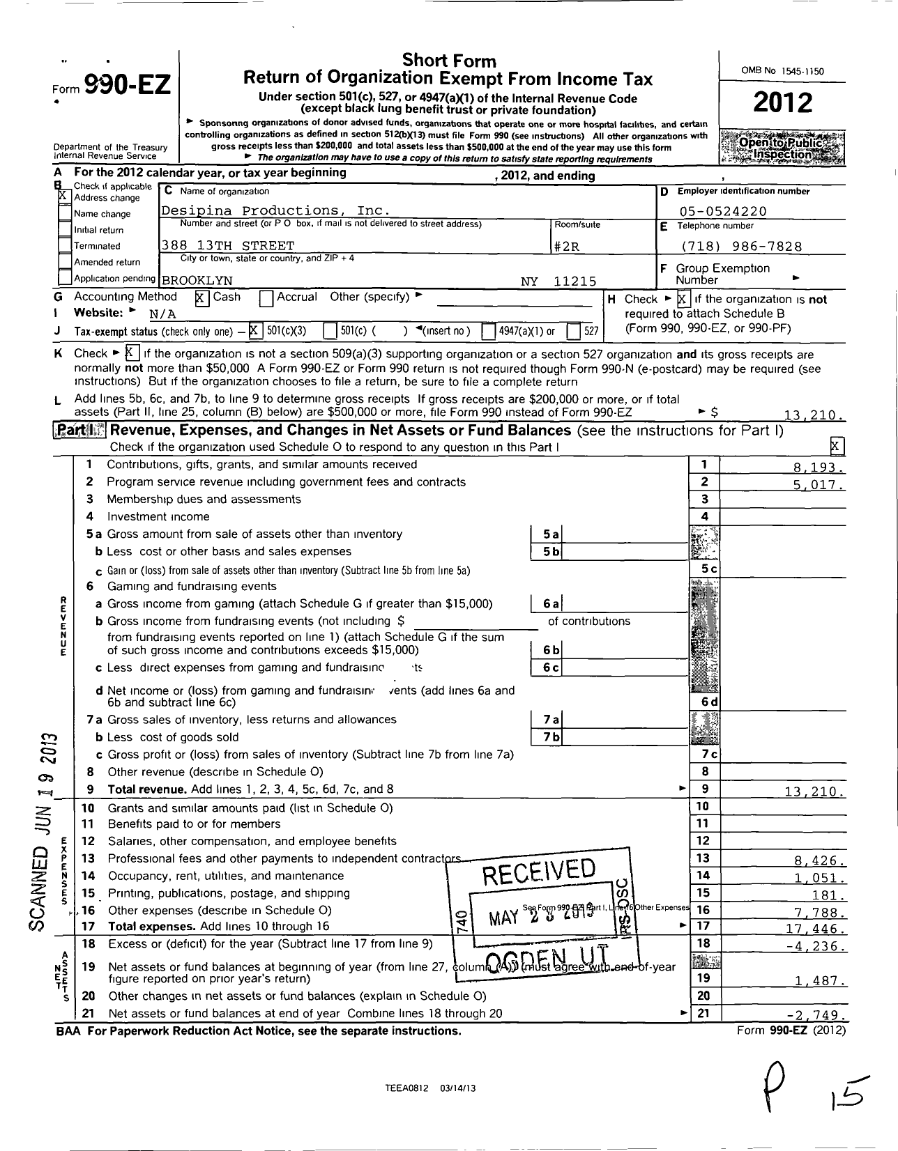 Image of first page of 2012 Form 990EZ for Despina Productionsinc