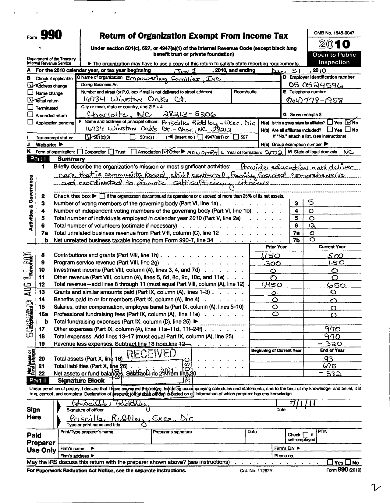 Image of first page of 2010 Form 990 for Empowering Families