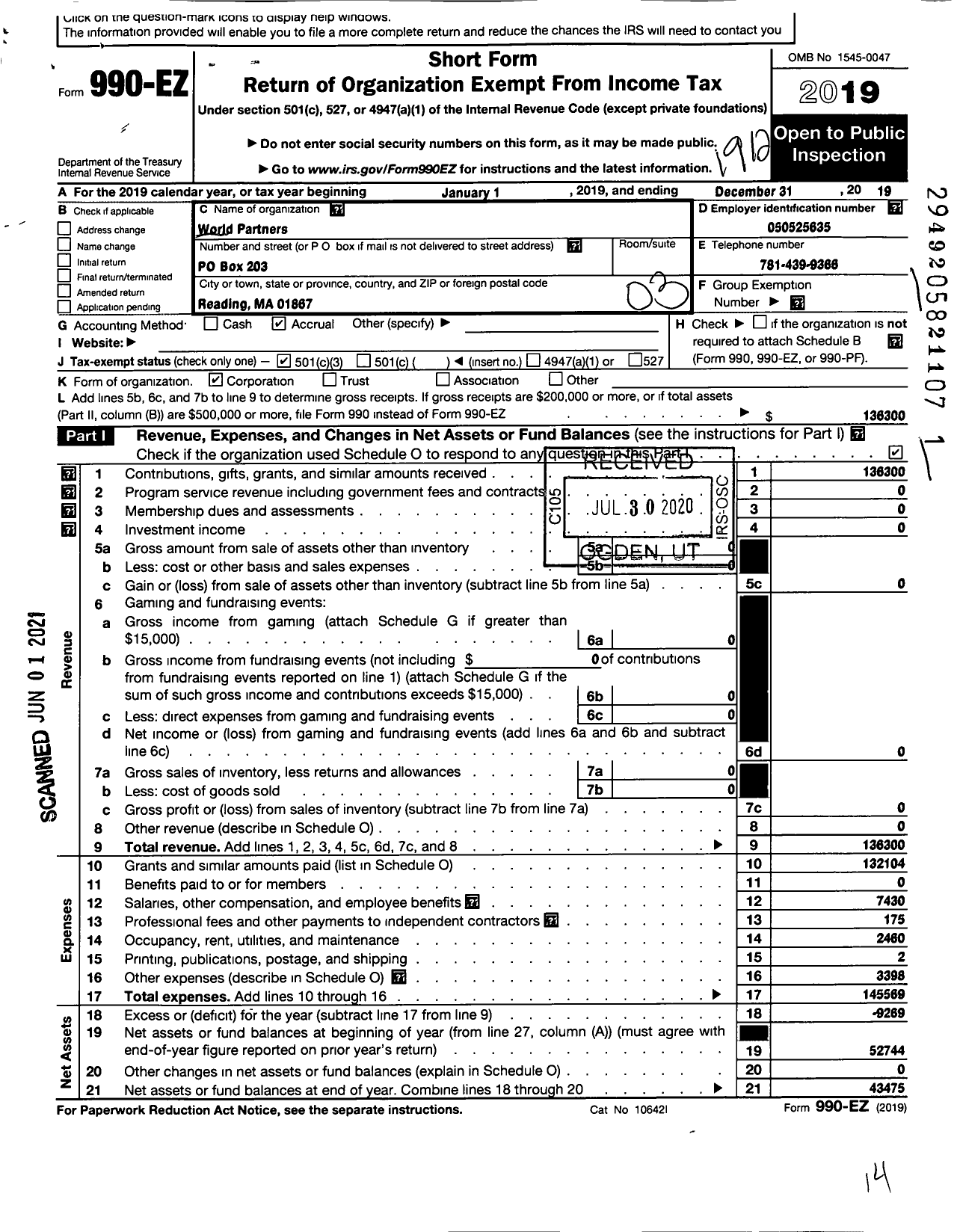 Image of first page of 2019 Form 990EZ for World Partners