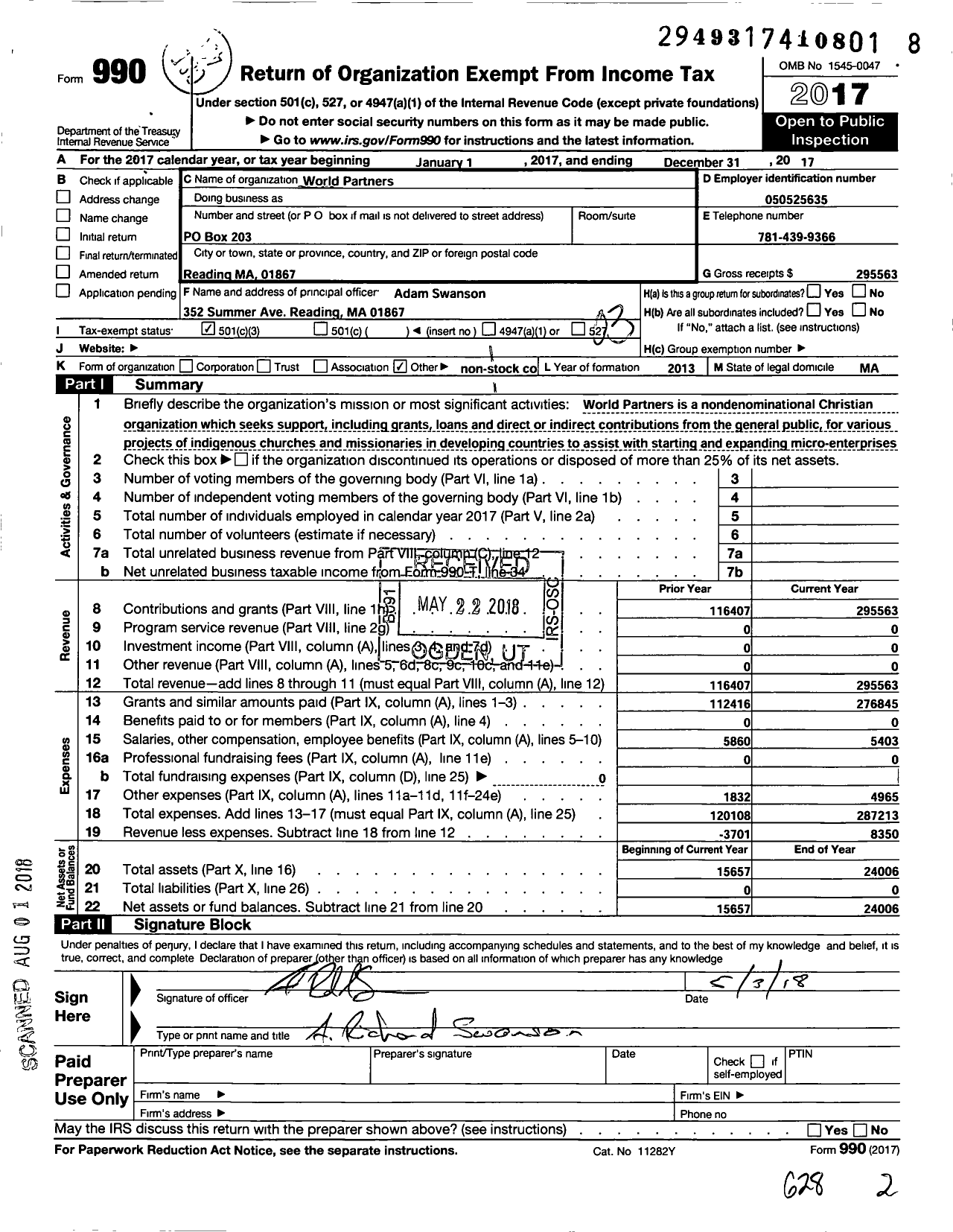 Image of first page of 2017 Form 990 for World Partners