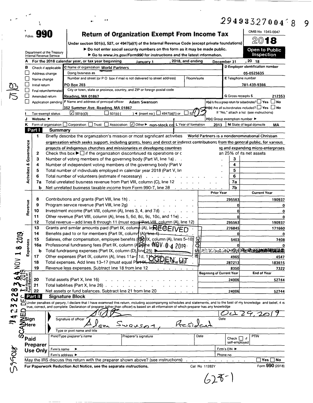 Image of first page of 2018 Form 990 for World Partners