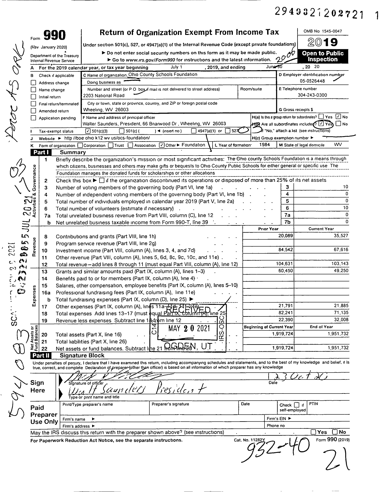 Image of first page of 2019 Form 990 for Ohio County Schools Foundation