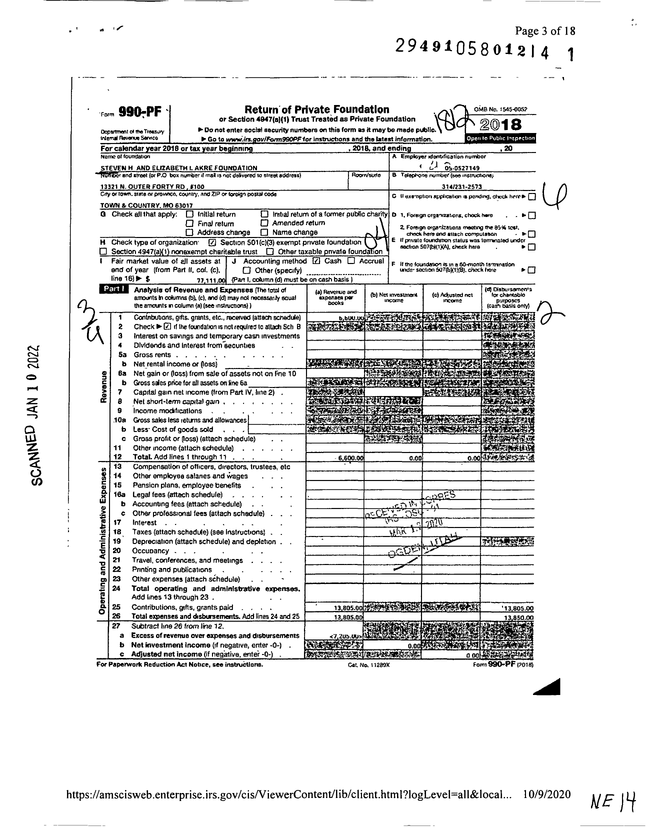 Image of first page of 2018 Form 990PF for Steven H& Elizabeth I Akre Foudation