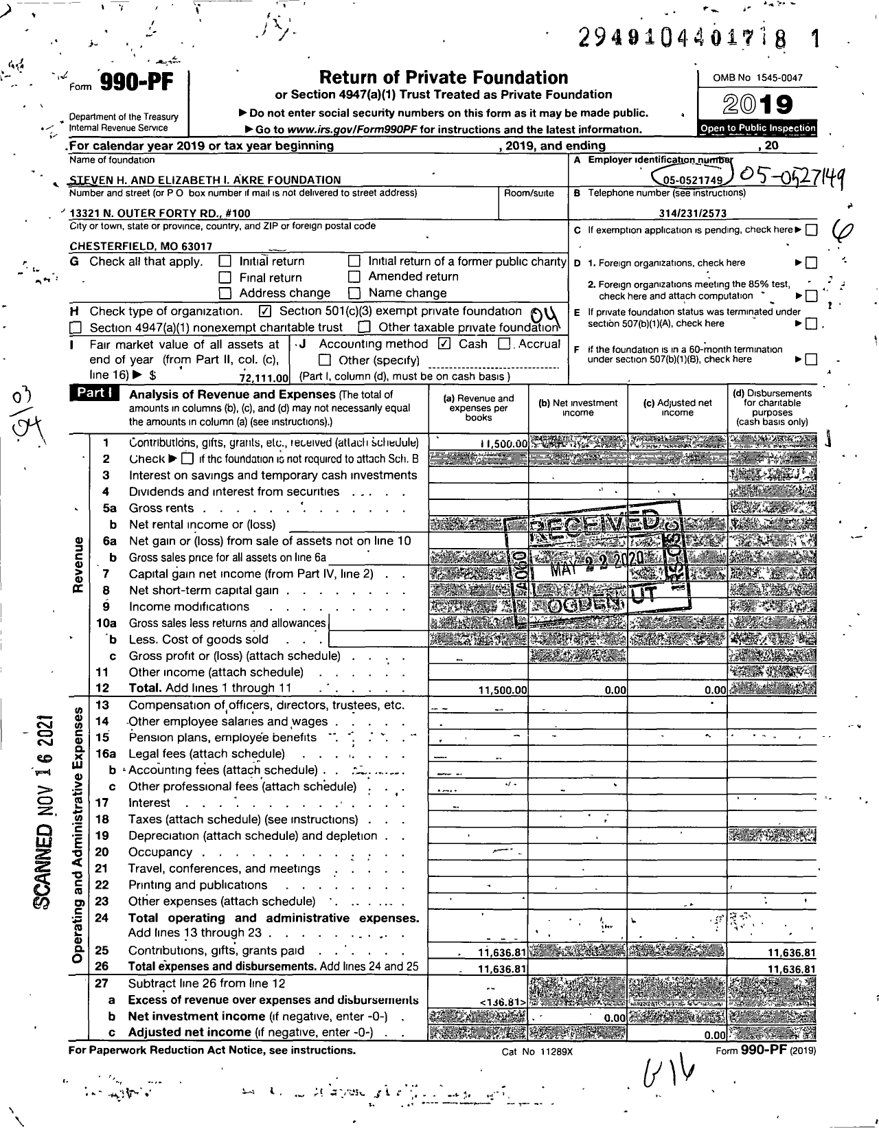 Image of first page of 2019 Form 990PF for Steven H& Elizabeth I Akre Foudation