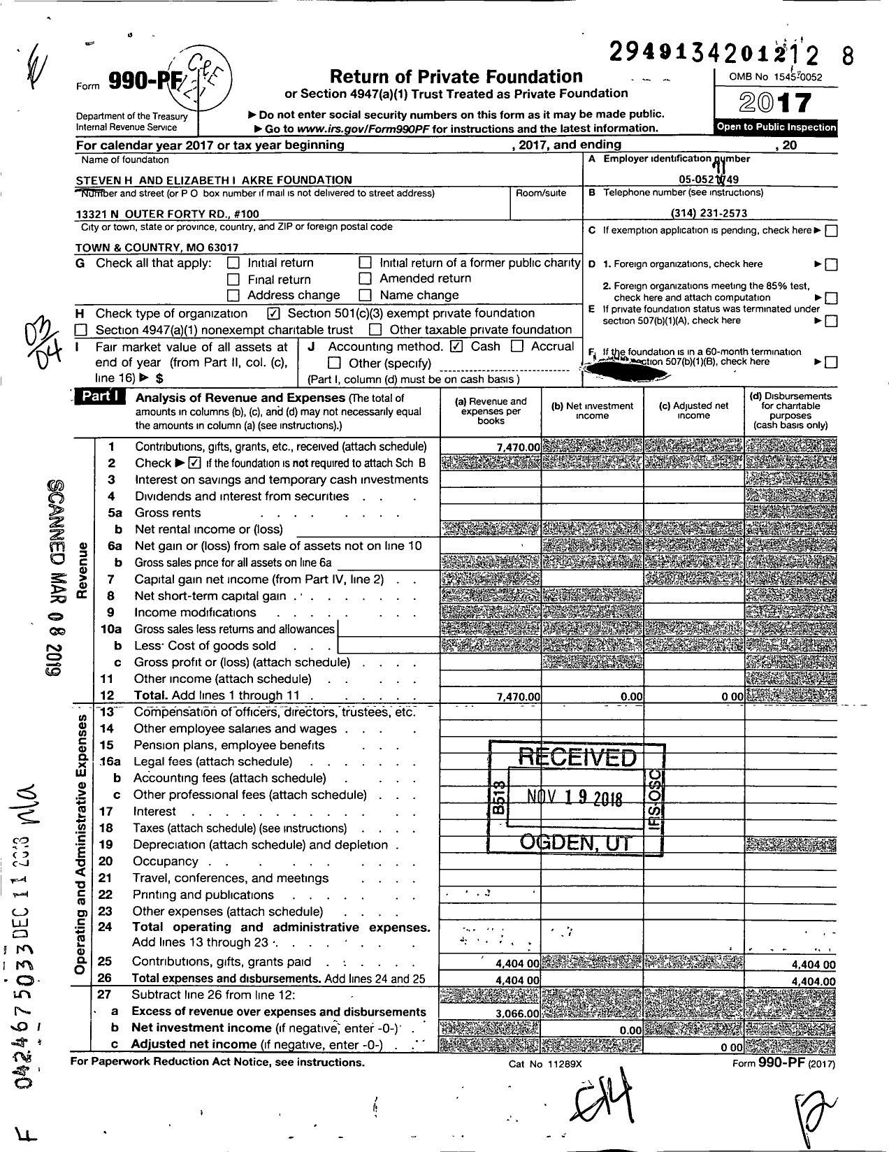 Image of first page of 2017 Form 990PF for Steven H& Elizabeth I Akre Foudation