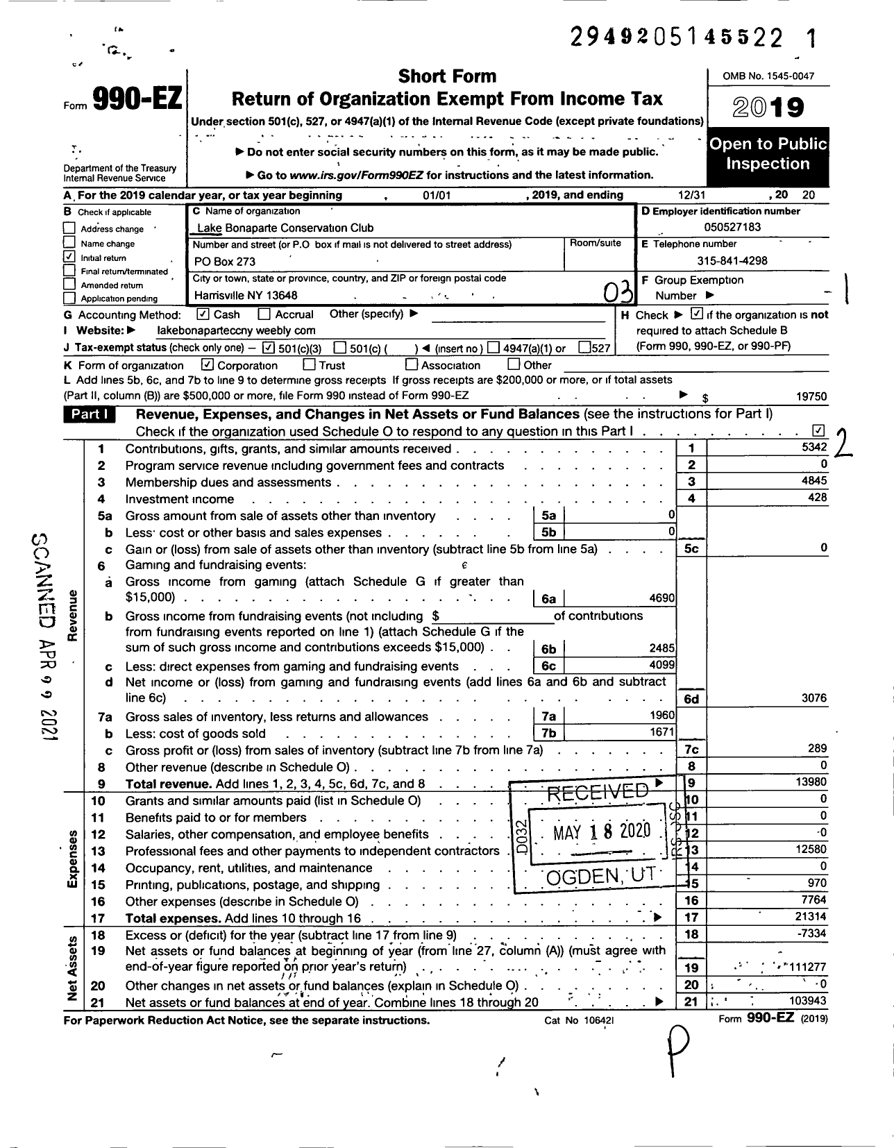 Image of first page of 2019 Form 990EZ for Lake Bonaparte Conservation Club