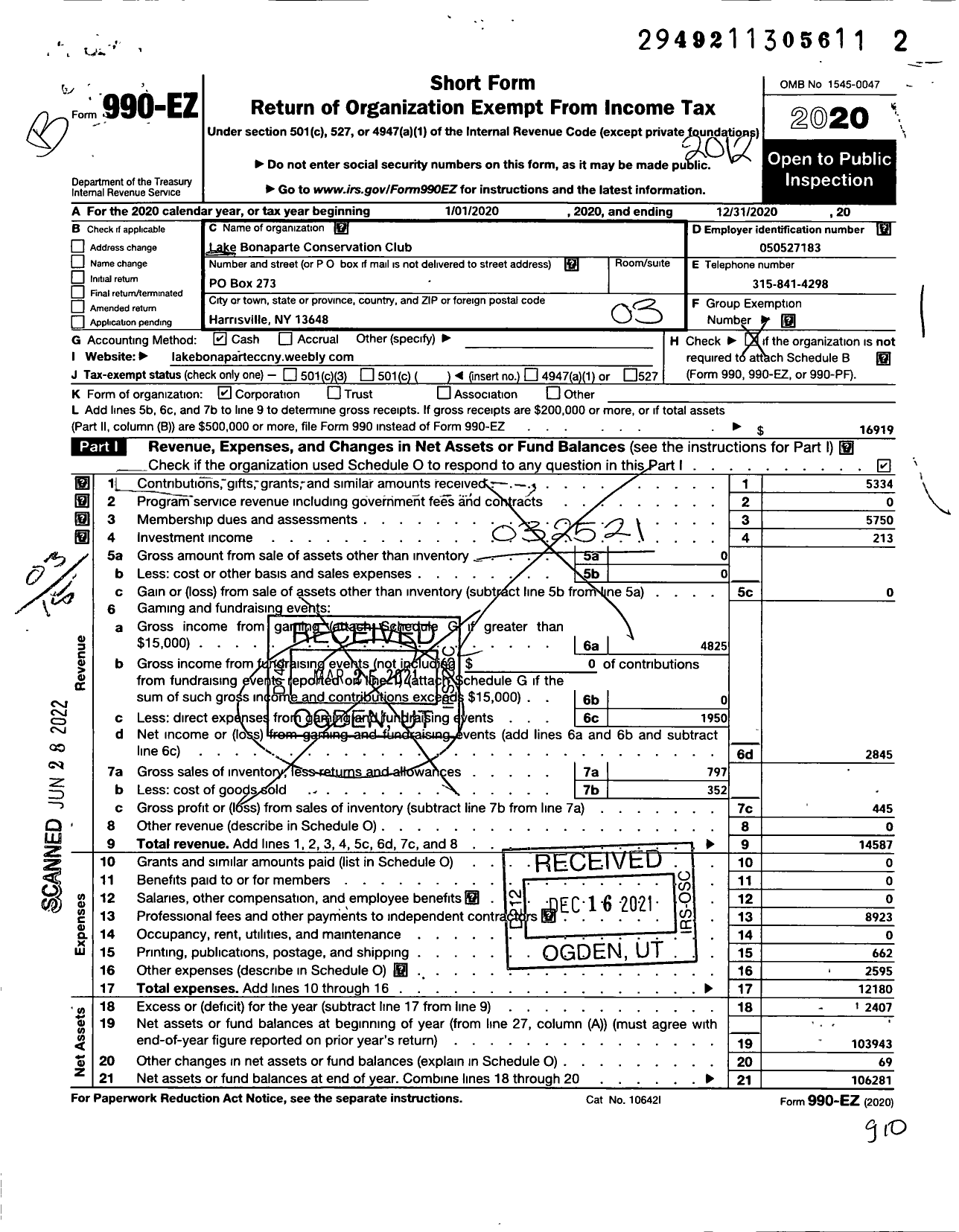 Image of first page of 2020 Form 990EZ for Lake Bonaparte Conservation Club