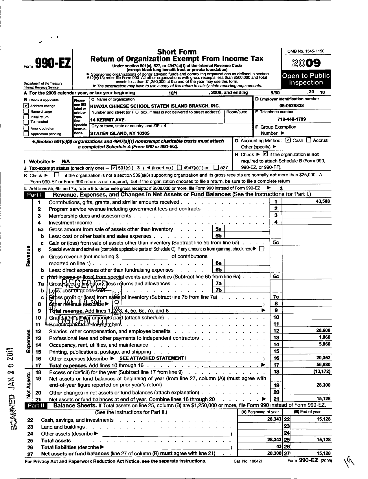 Image of first page of 2009 Form 990EZ for Huaxia Chinese School Staten Island Branch