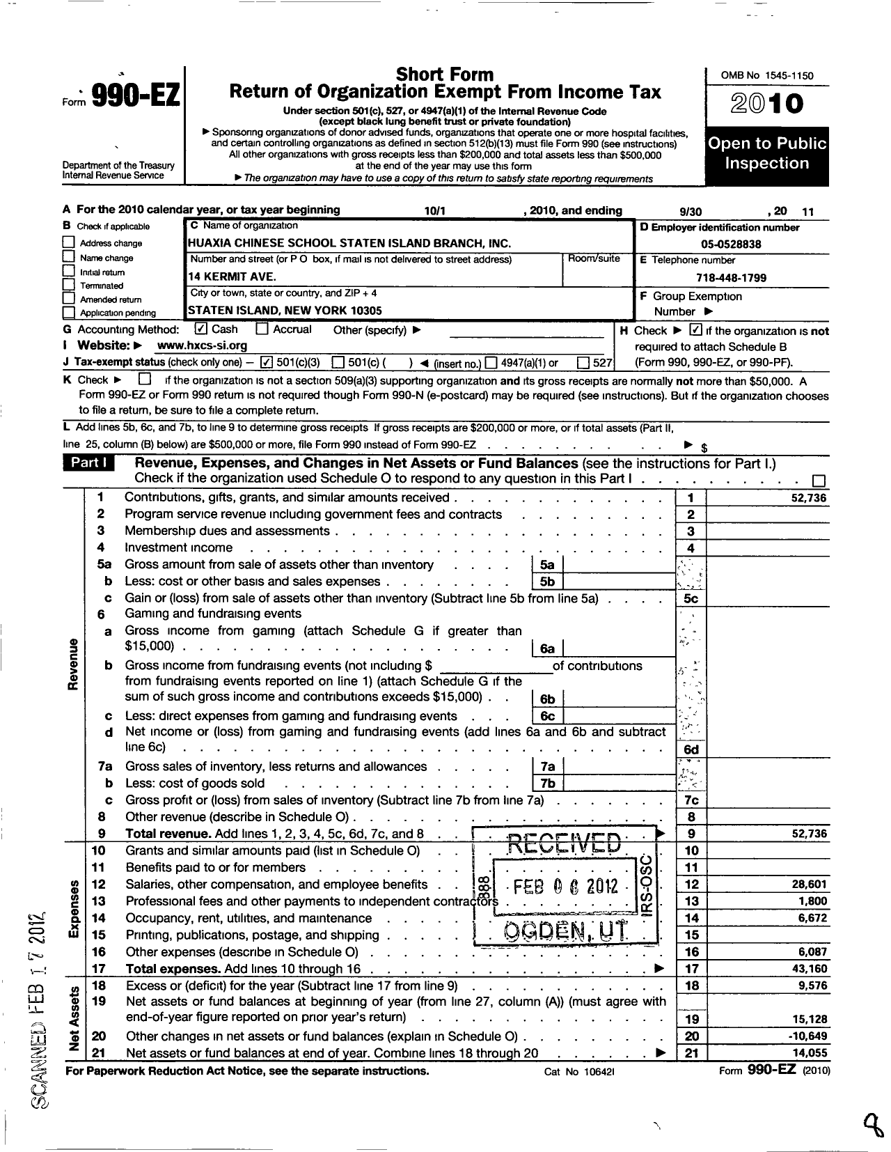 Image of first page of 2010 Form 990EZ for Huaxia Chinese School Staten Island Branch