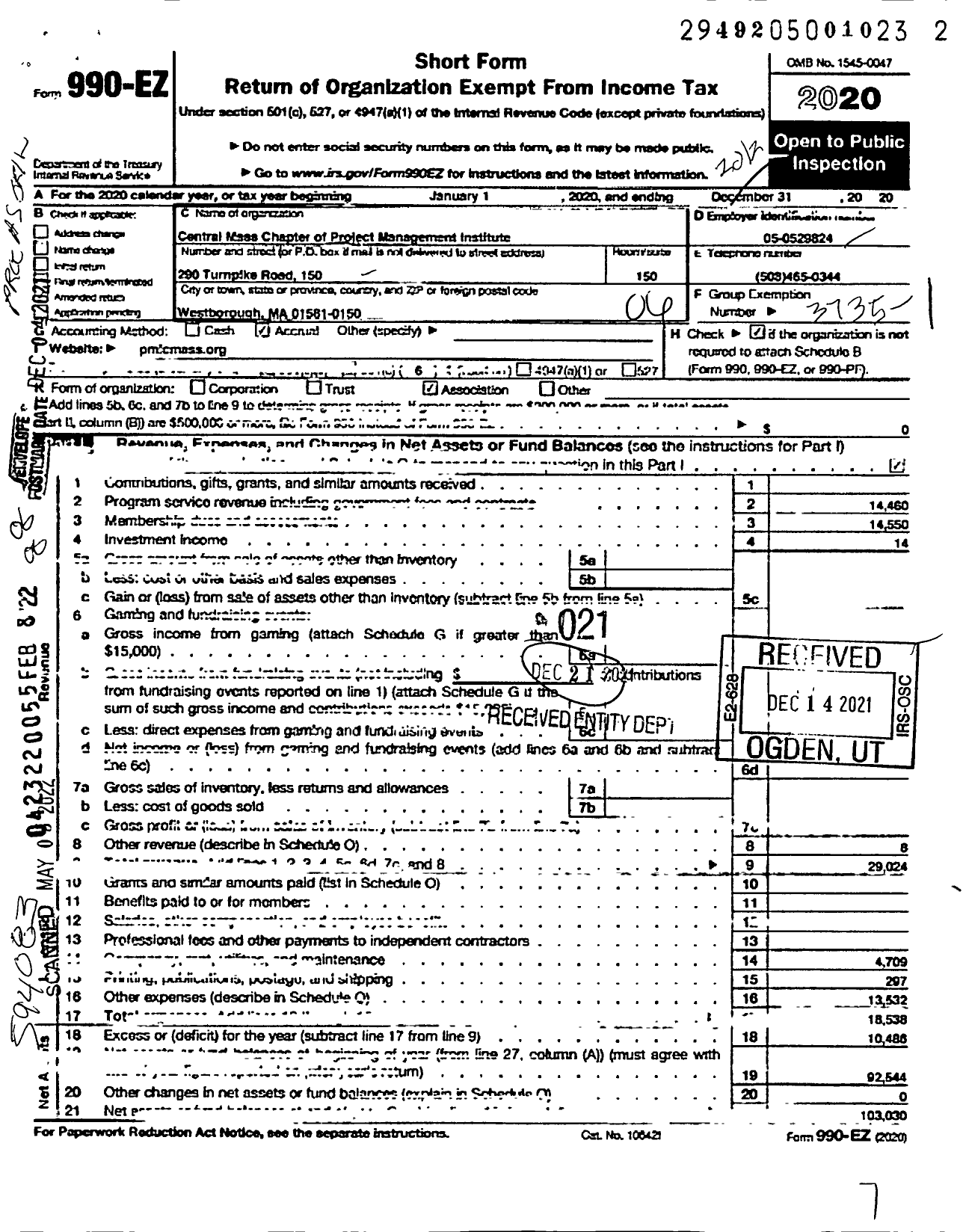 Image of first page of 2020 Form 990EO for PROJECT MANAGEMENT INSTITUTE / Central Mass Chapter